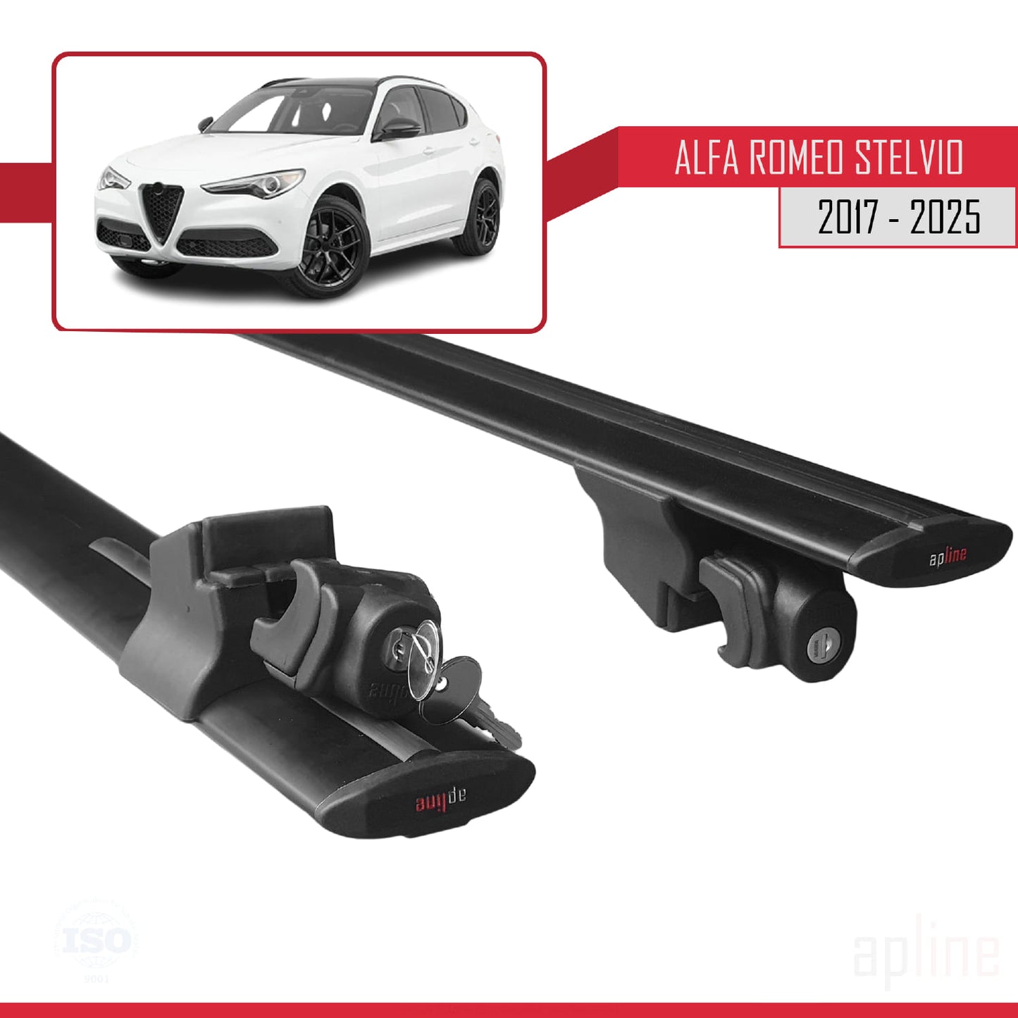 Compatible with Alfa Romeo Stelvio (T949) 2017-2025 HOOK Model Car Roof Rack Cross Bar Black Aluminium 2 Bars