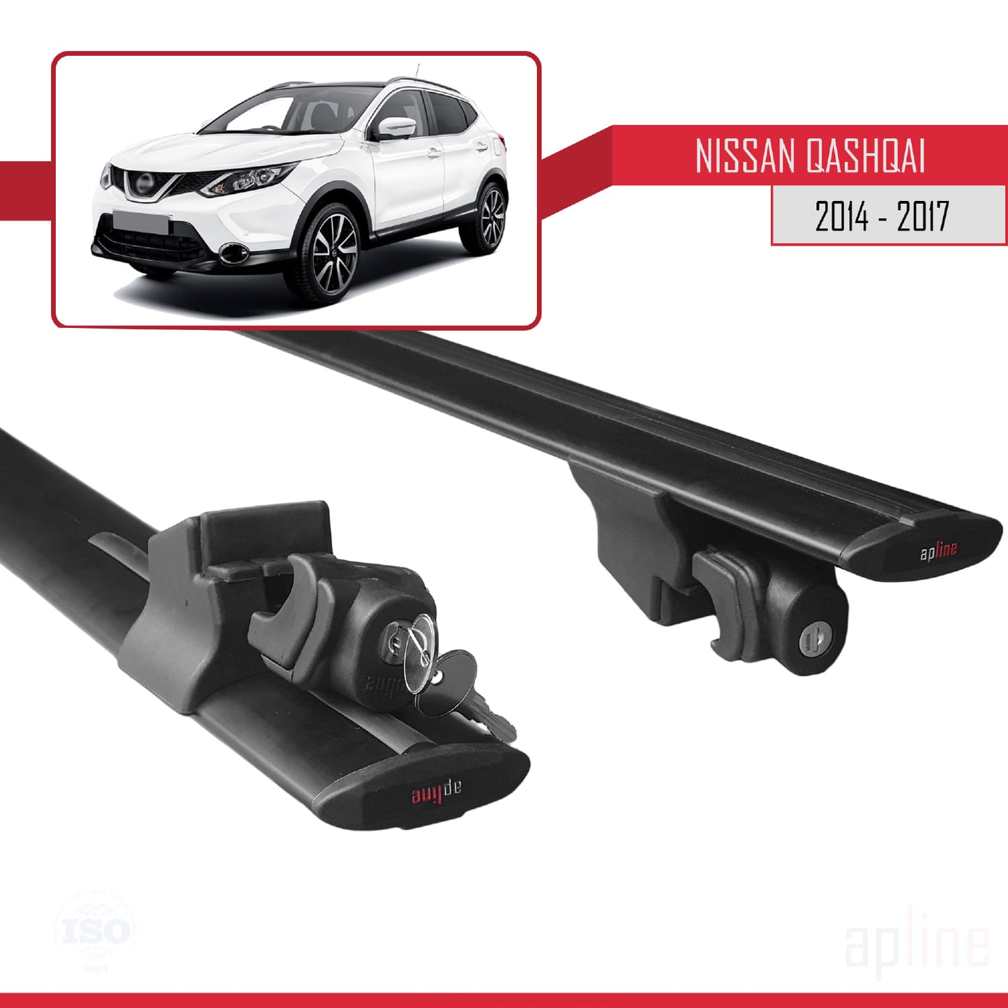 Compatible with Nissan Qashqai 2 (J11) Pre-Facelift 2014-2017 HOOK Model Car Roof Rack Cross Bar Black Aluminium 2 Bars