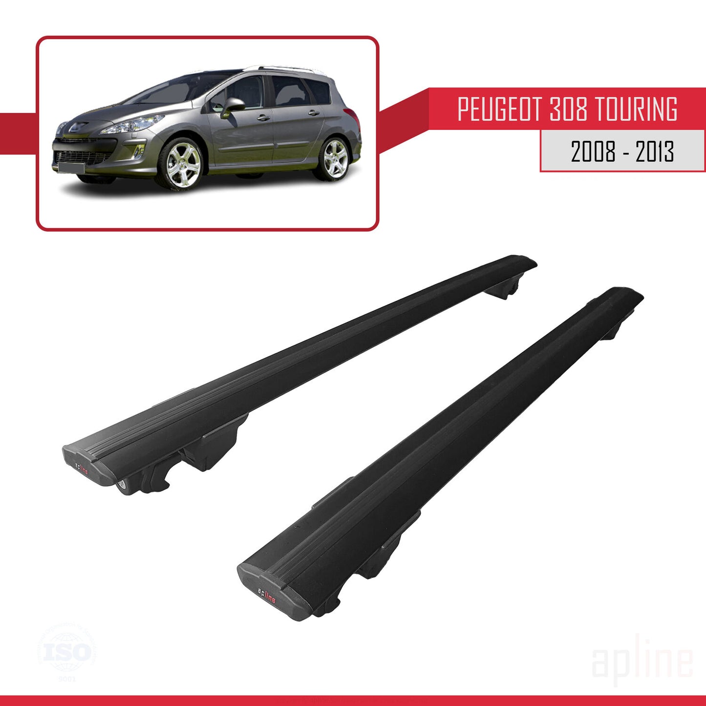 Compatible with Peugeot 308 (T7) SW 2008-2013 HOOK Model Car Roof Rack Cross Bar Black Aluminium 2 Bars