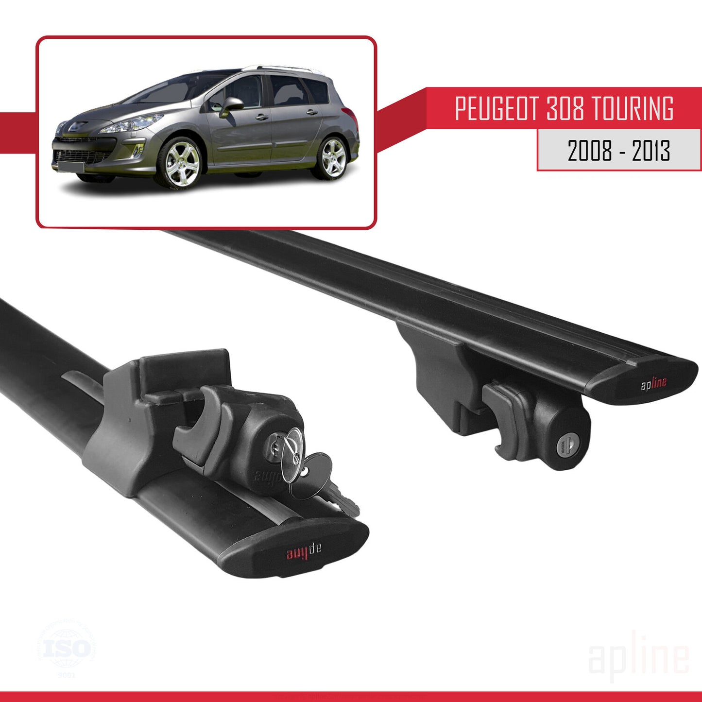 Compatible with Peugeot 308 (T7) SW 2008-2013 HOOK Model Car Roof Rack Cross Bar Black Aluminium 2 Bars