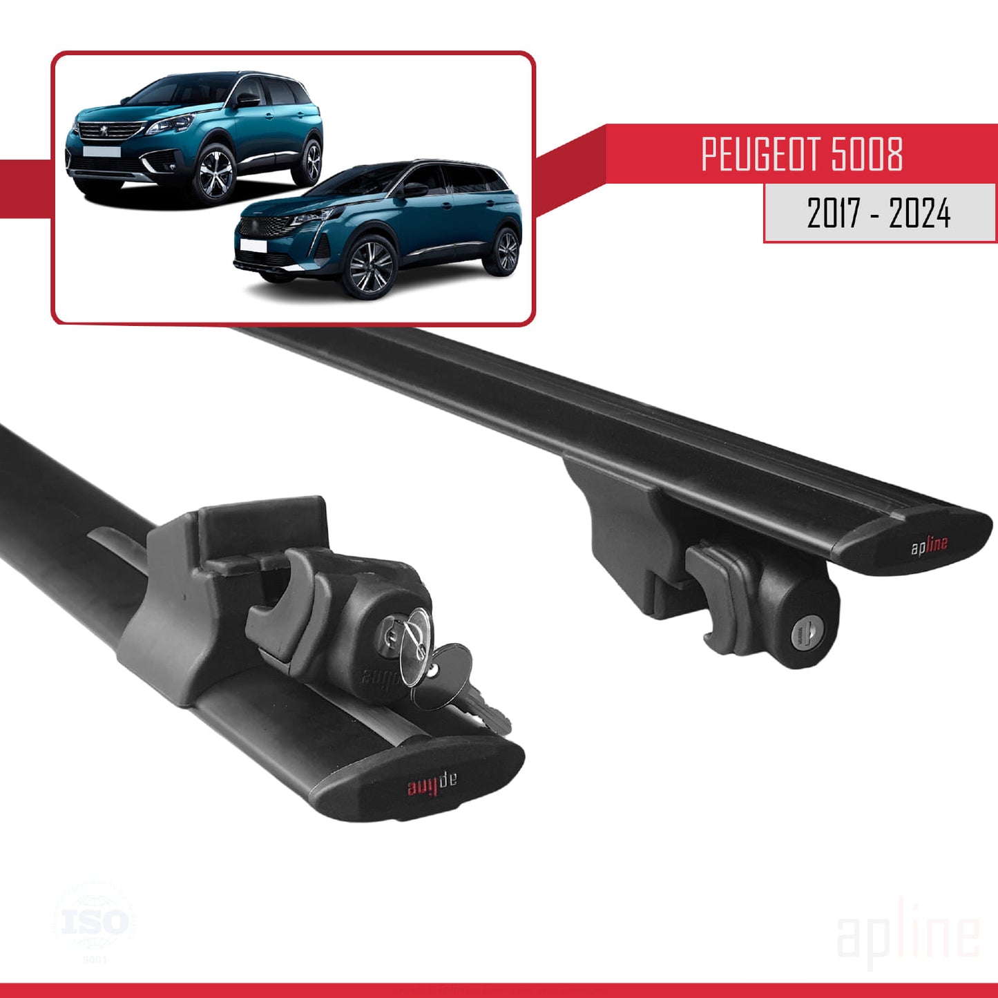 Compatible with Peugeot 5008 II (P87) 2017-2024 HOOK Model Car Roof Rack Cross Bar Black Aluminium 2 Bars