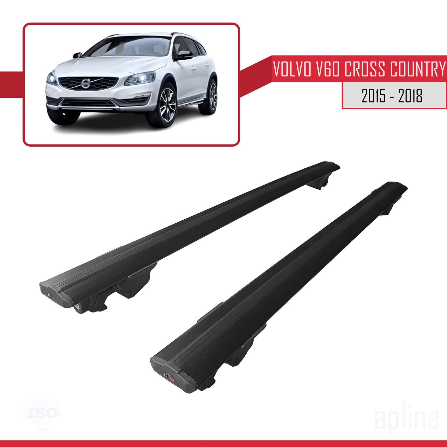 Compatible with Volvo V60 Cross Country 2015-2018 HOOK Model Car Roof Rack Cross Bar Black Aluminium 2 Bars