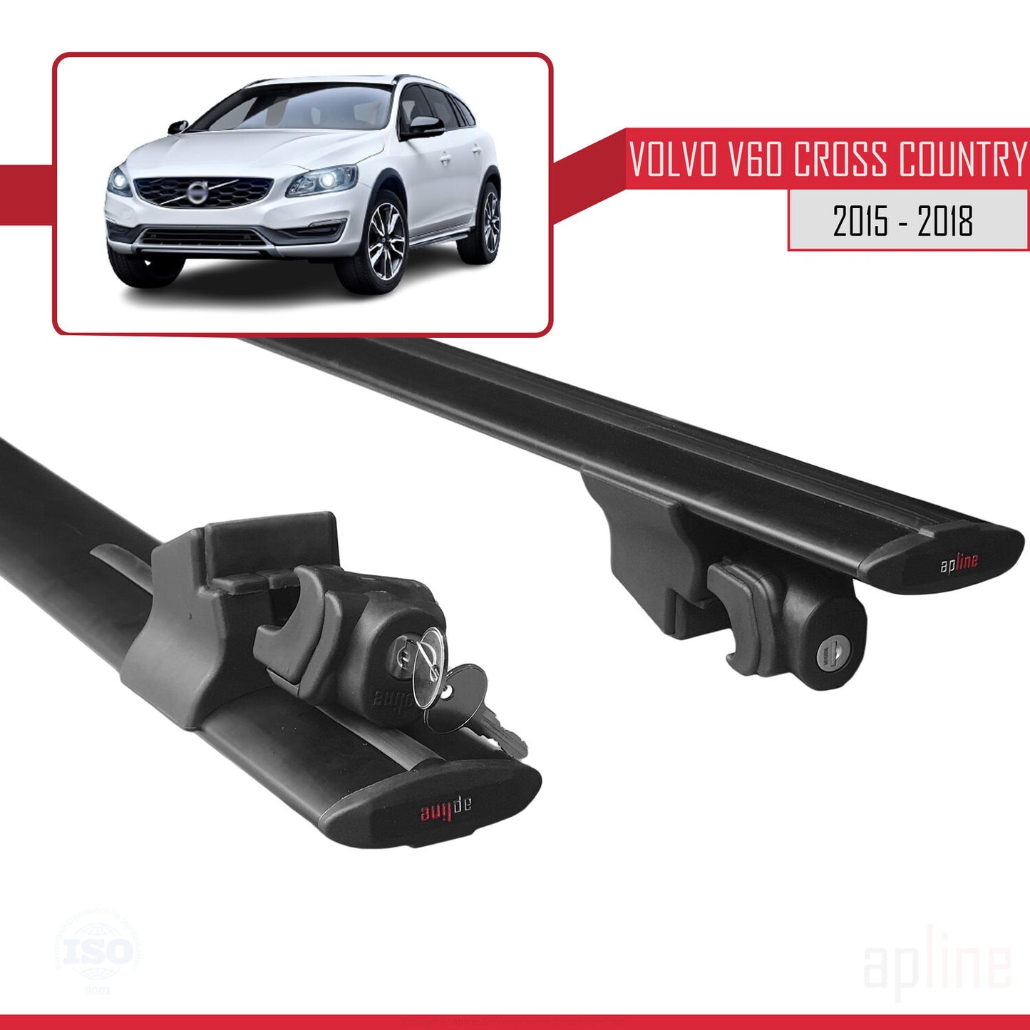 Compatible with Volvo V60 Cross Country 2015-2018 HOOK Model Car Roof Rack Cross Bar Black Aluminium 2 Bars