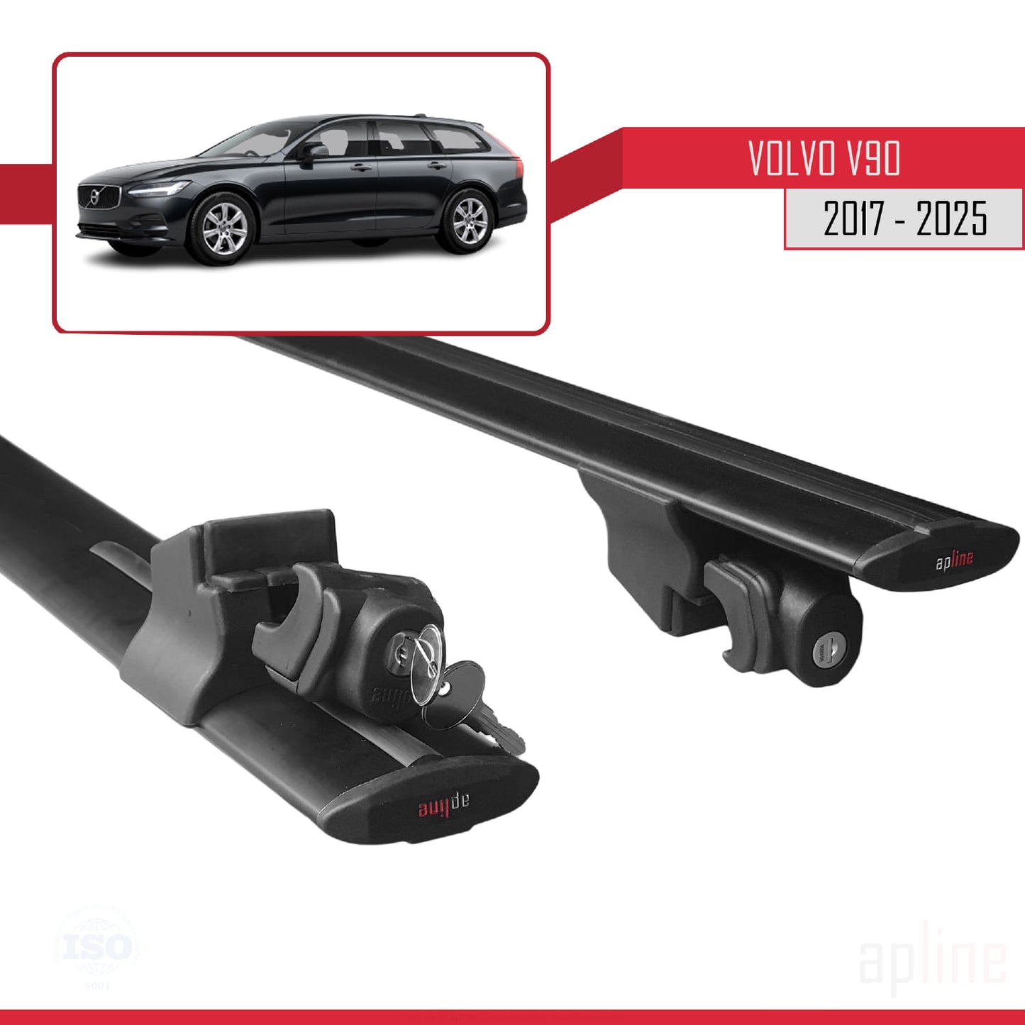 Compatible with Volvo V90 2017-2025 HOOK Model Car Roof Rack Cross Bar Black Aluminium 2 Bars