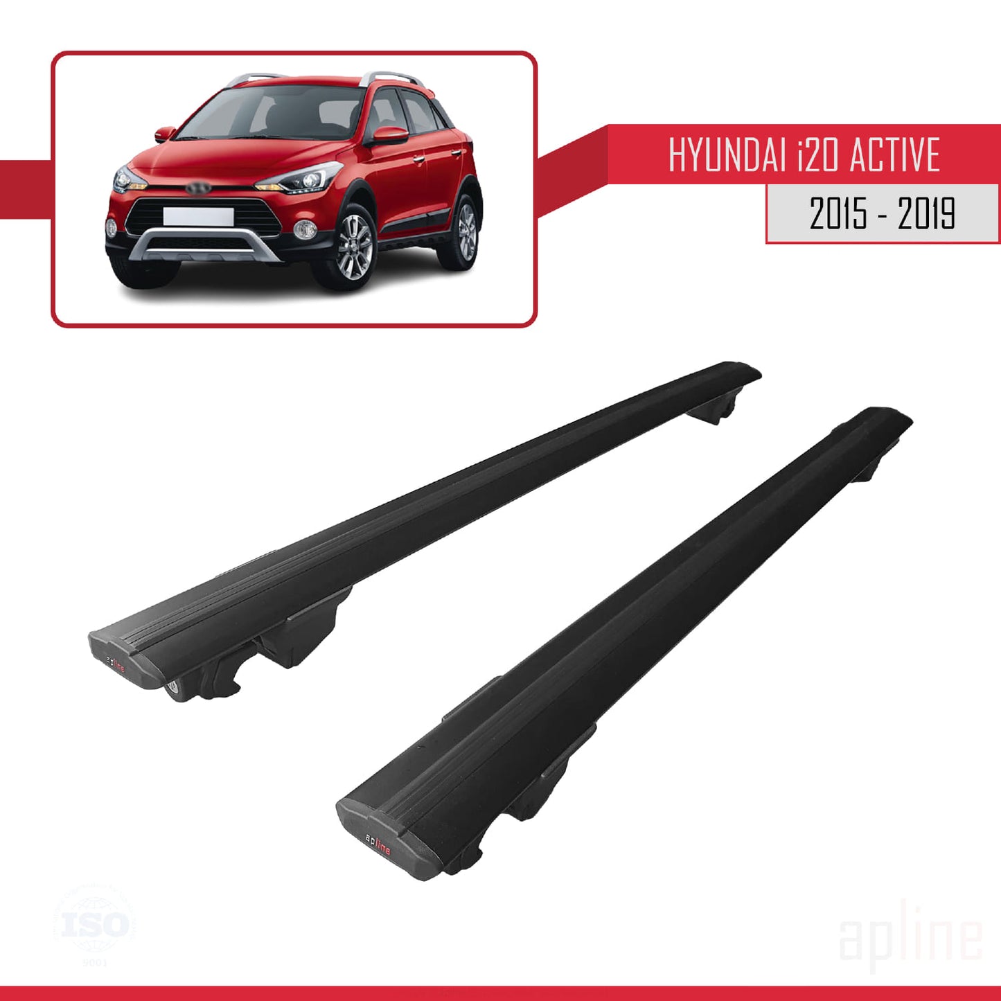 Compatible with Hyundai i20 II Active 2015-2019 HOOK Model Car Roof Rack Cross Bar Black Aluminium 2 Bars