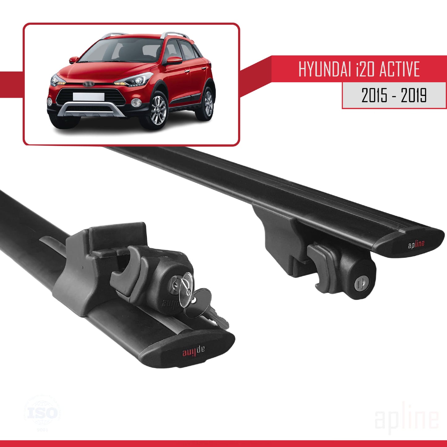 Compatible with Hyundai i20 II Active 2015-2019 HOOK Model Car Roof Rack Cross Bar Black Aluminium 2 Bars