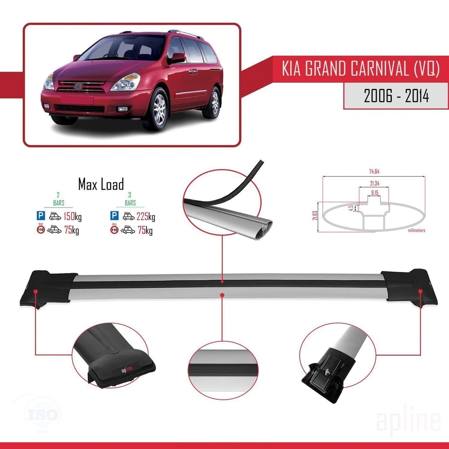 Compatible with Kia Grand Carnival 2 (VQ) 2006-2014 Fly Model Car Roof Rack Cross Bar Grey Aluminium 2 Bars