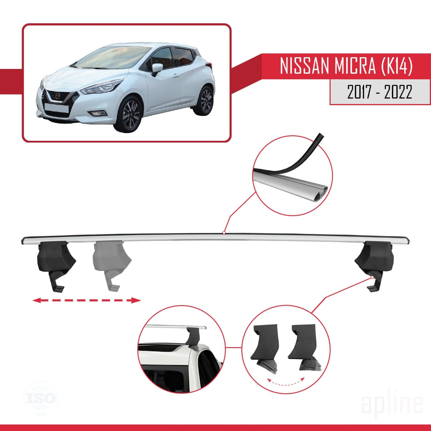 Compatible with Nissan Micra 5 (K14) 2017-2022 ACE-4 Car Roof Rack Cross Bar Grey Aluminium 2 Bars