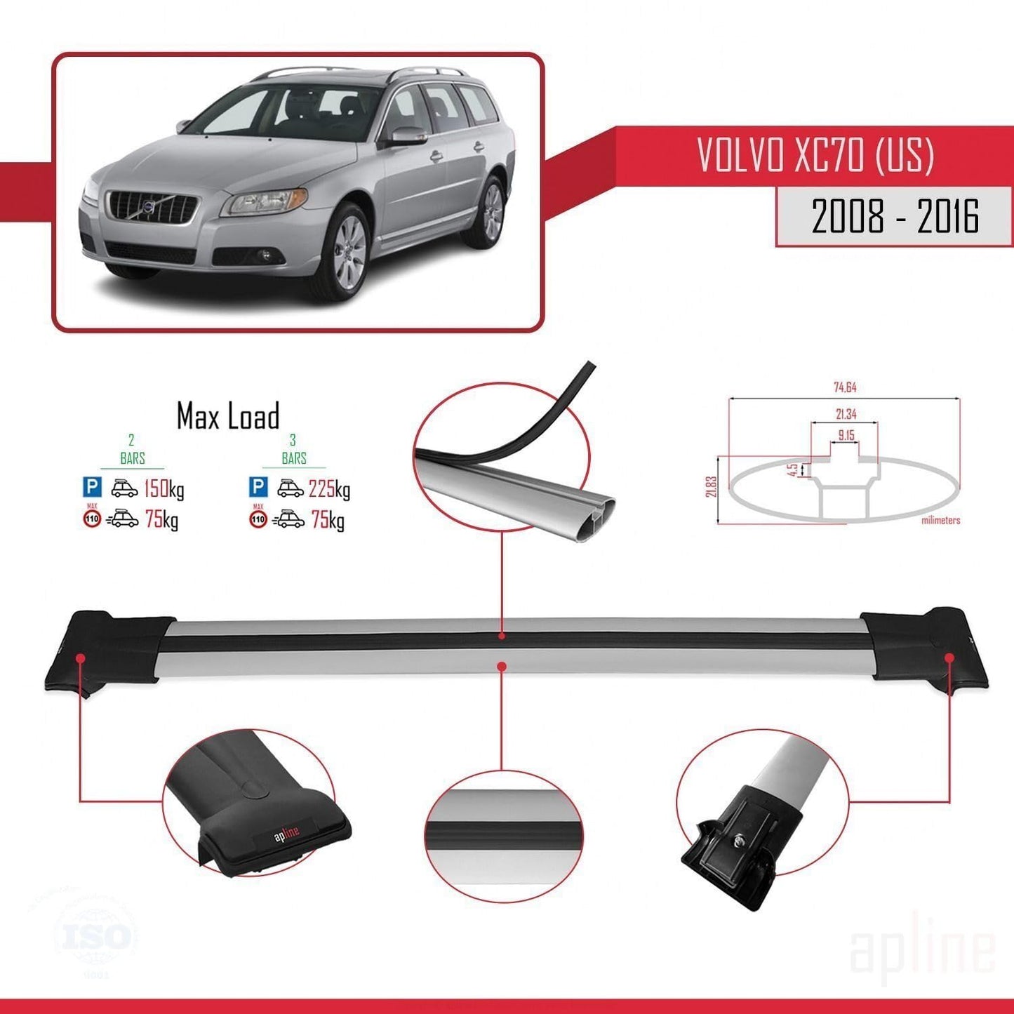 Compatible with Volvo XC70 II (P24) 2008-2016 Fly Model Car Roof Rack Cross Bar Grey Aluminium 2 Bars