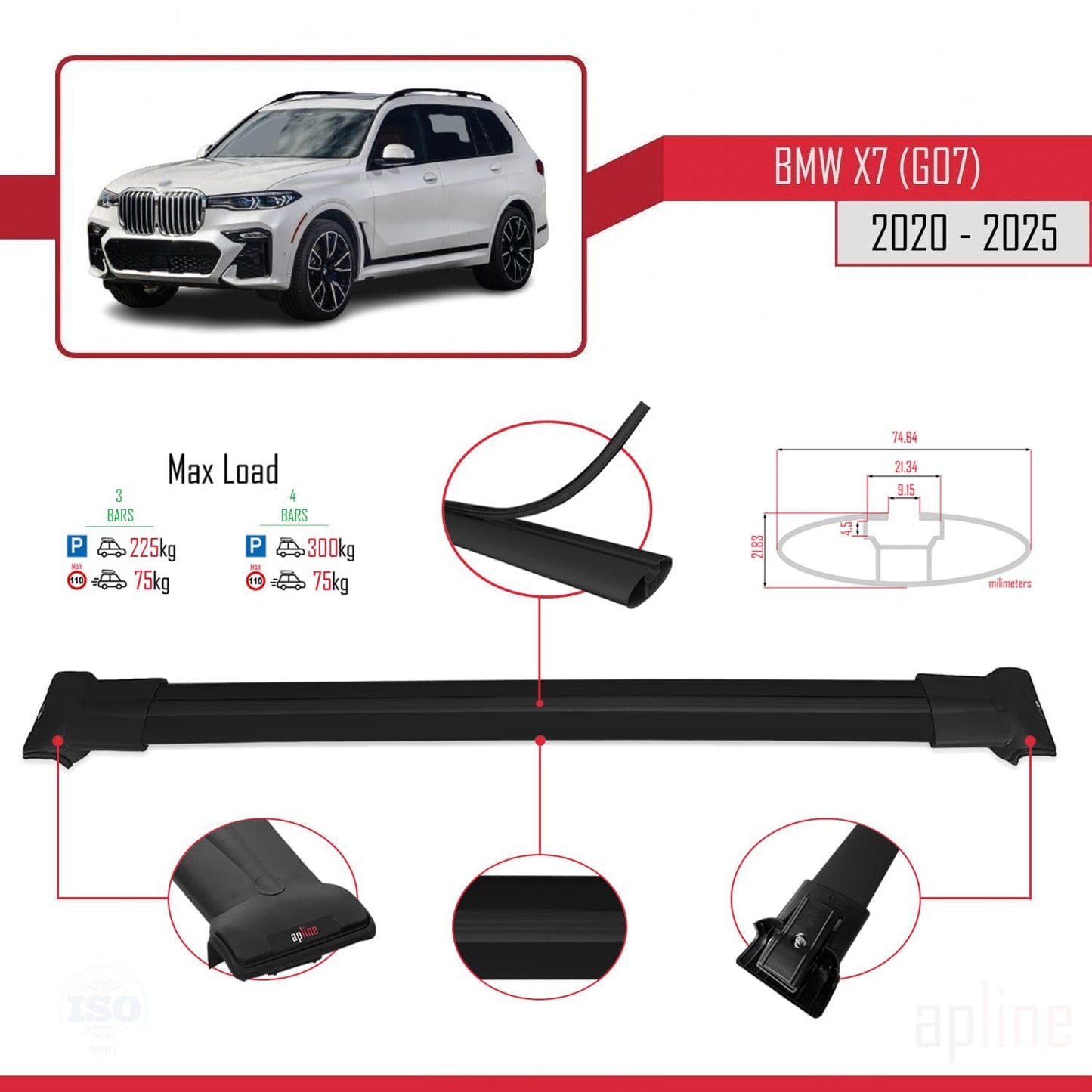 Compatible with BMW X7 (G07) 2020-2025 Fly Model Car Roof Rack Cross Bar Black Aluminium 3 Bars