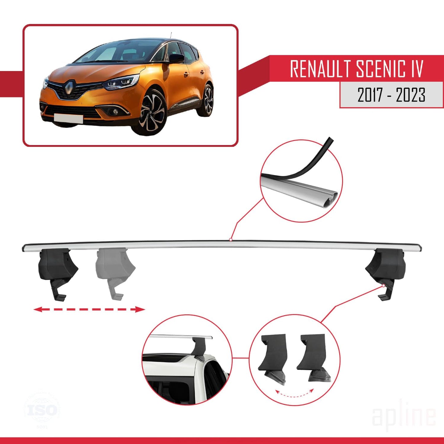 Compatible with Renault Scenic 4 2017-2023 ACE-4 Car Roof Rack Cross Bar Grey Aluminium 2 Bars