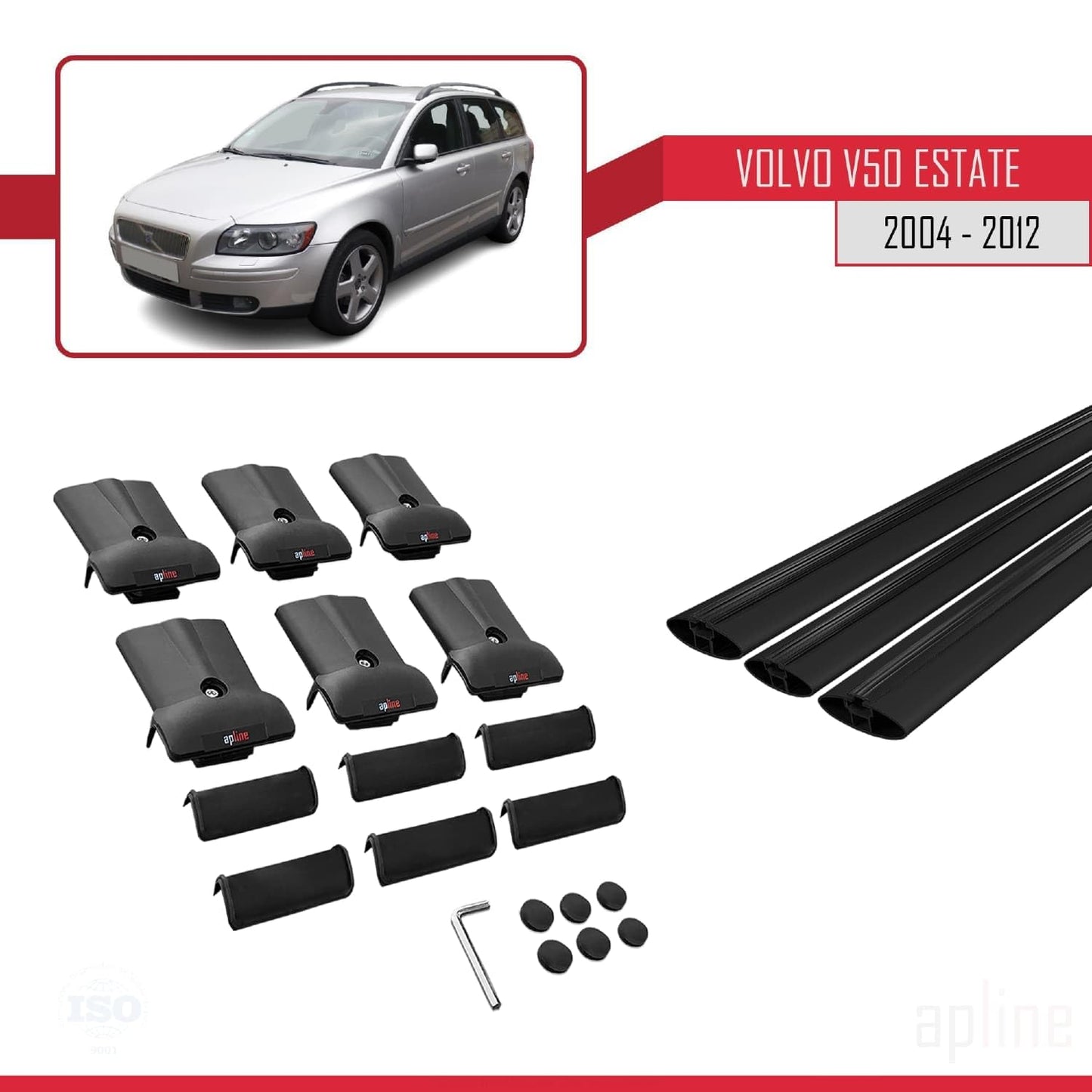 Compatible with Volvo V50 2004-2012 Fly Model Car Roof Rack Cross Bar Black Aluminium 3 Bars