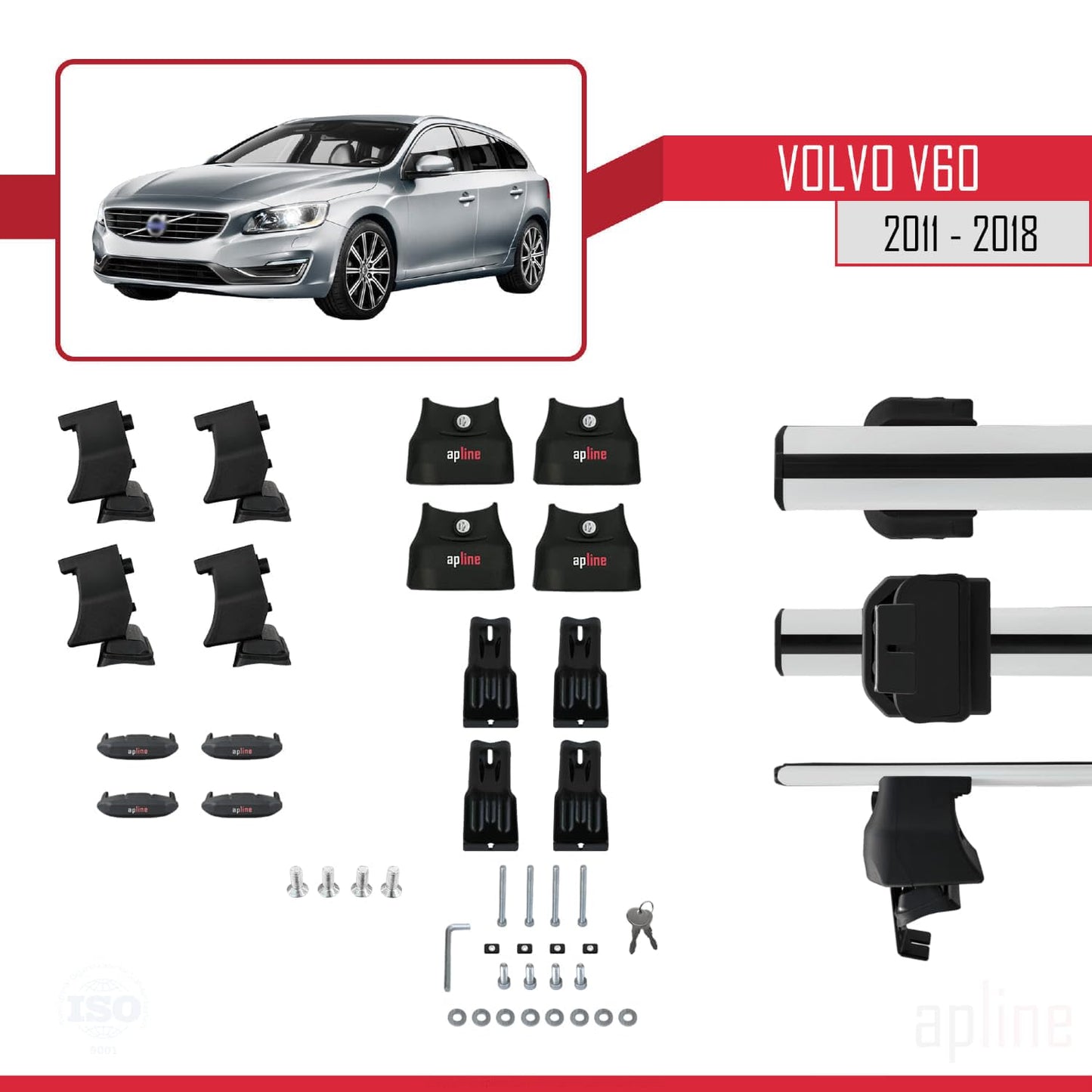Compatible with Volvo V60 2011-2018 ACE-4 Car Roof Rack Cross Bar Grey Aluminium 2 Bars