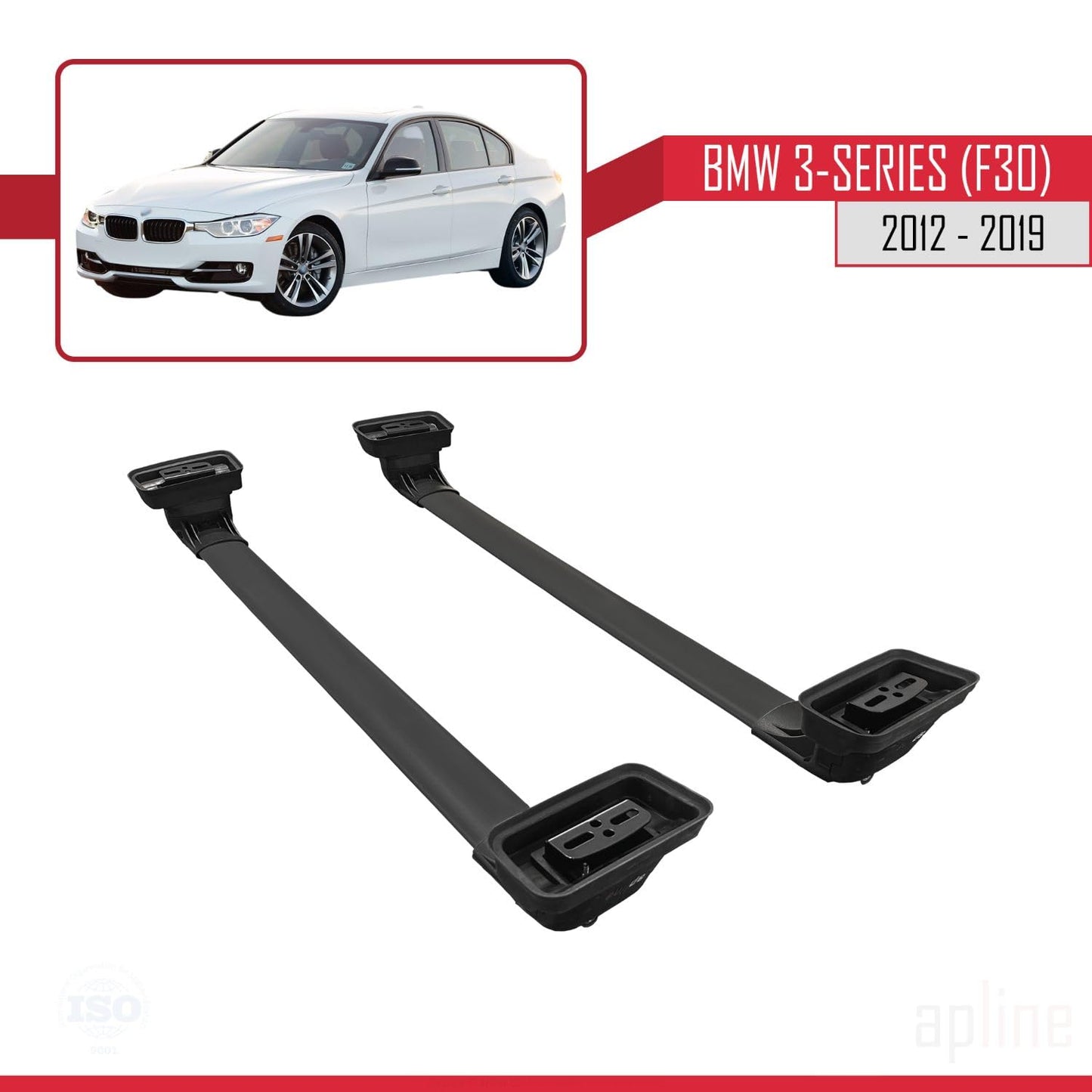 Compatible with BMW 3 Series (F30) 2012-2019 ACE-3 Car Roof Rack Cross Bar Black Aluminium 2 Bars