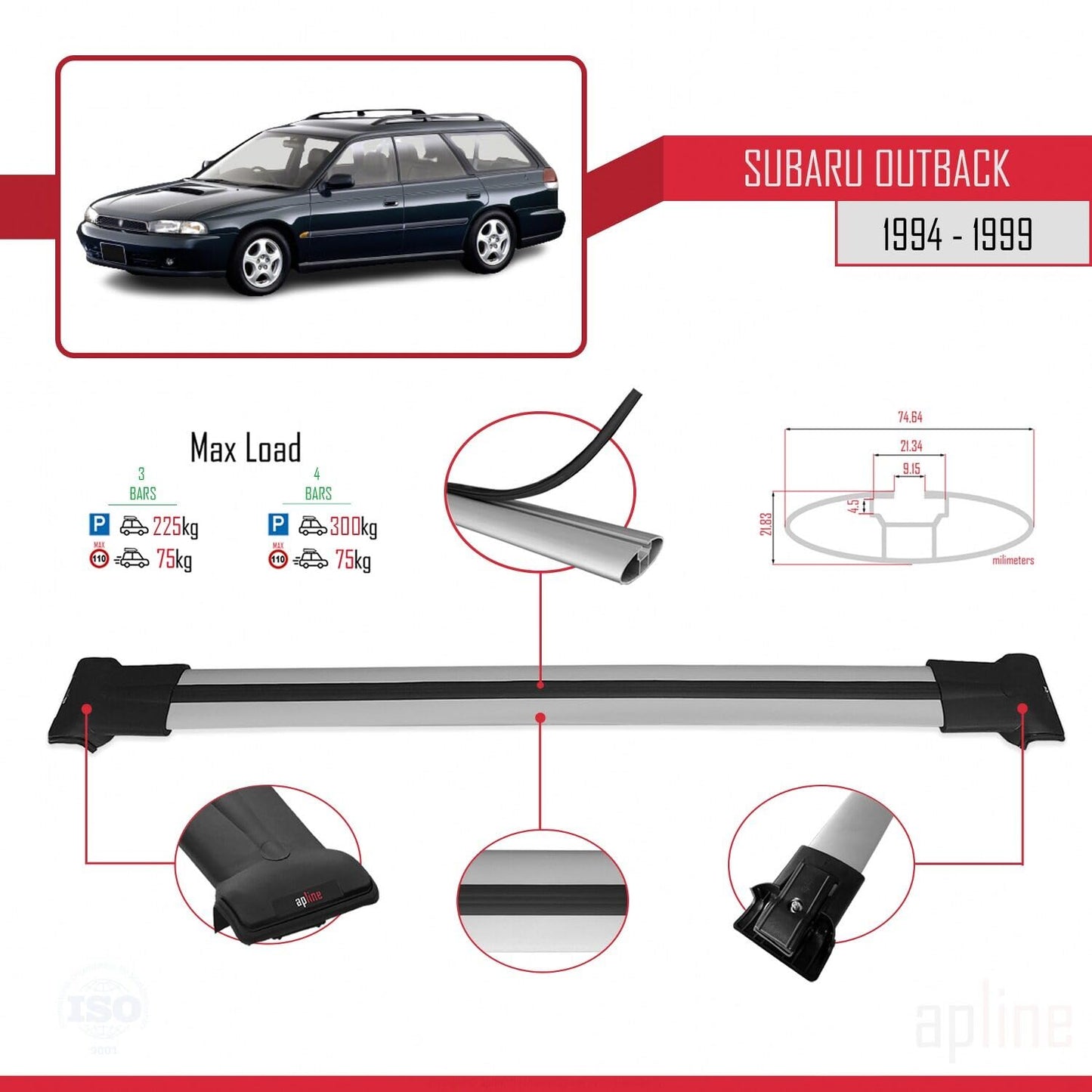Compatible with Subaru Outback 1994-1999 Fly Model Car Roof Rack Cross Bar Grey Aluminium 3 Bars