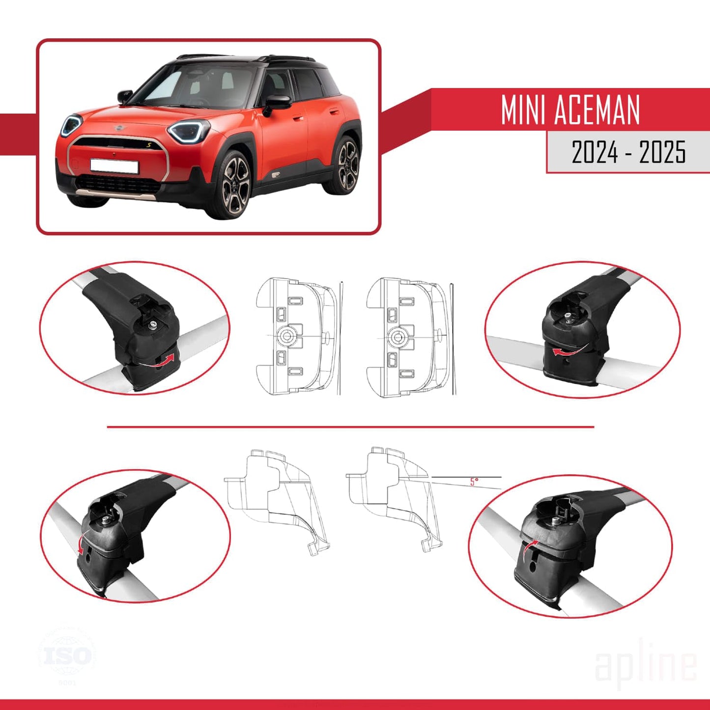 Compatible with Mini Aceman SE 2024-2025 ACE-2 Car Roof Rack Cross Bar Grey Aluminium 2 Bars