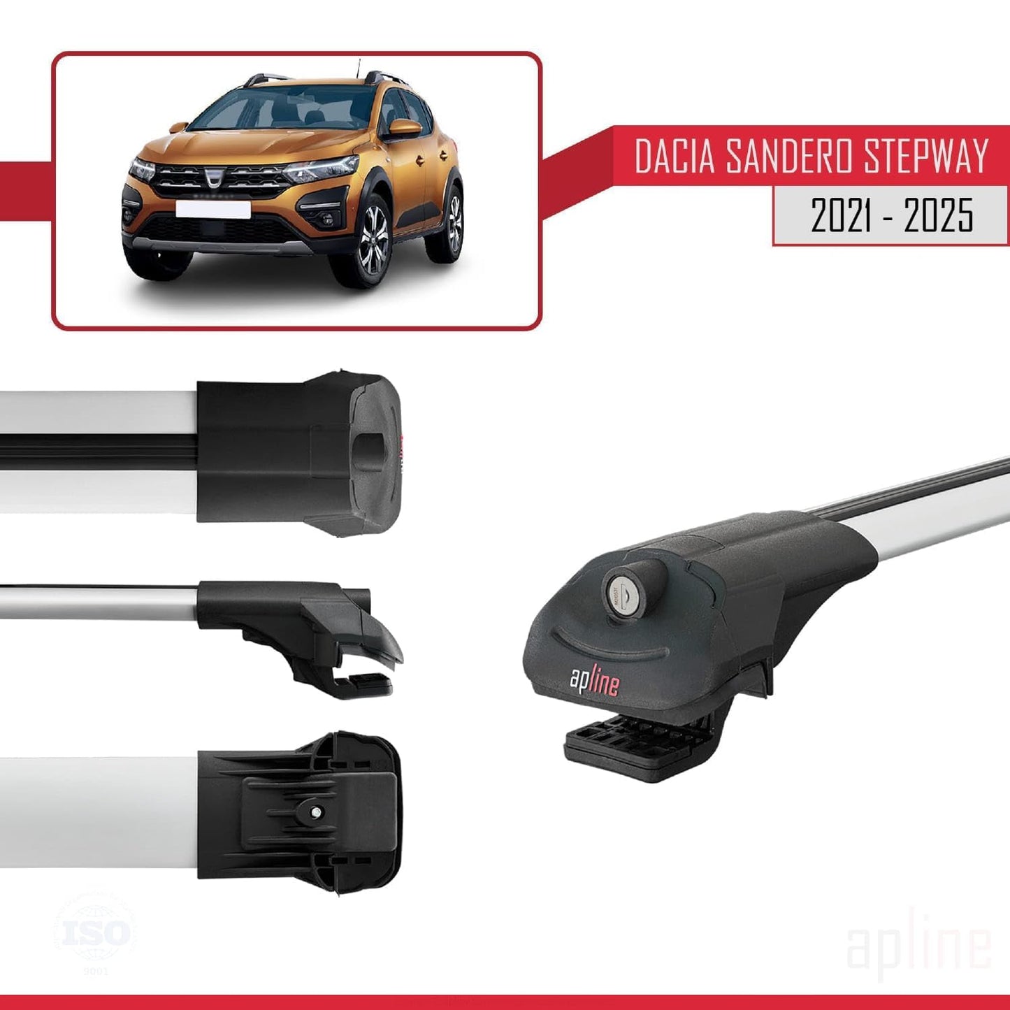 Compatible with Dacia Sandero Stepway 3 2021-2025 ACE-1 Car Roof Rack Cross Bar Grey Aluminium 3 Bars