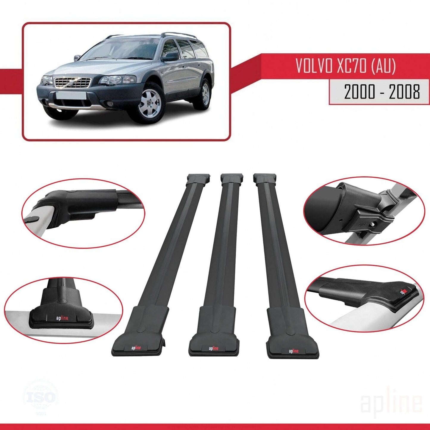 Compatible with Volvo XC70 (P2) 2000-2007 Fly Model Car Roof Rack Cross Bar Black Aluminium 3 Bars
