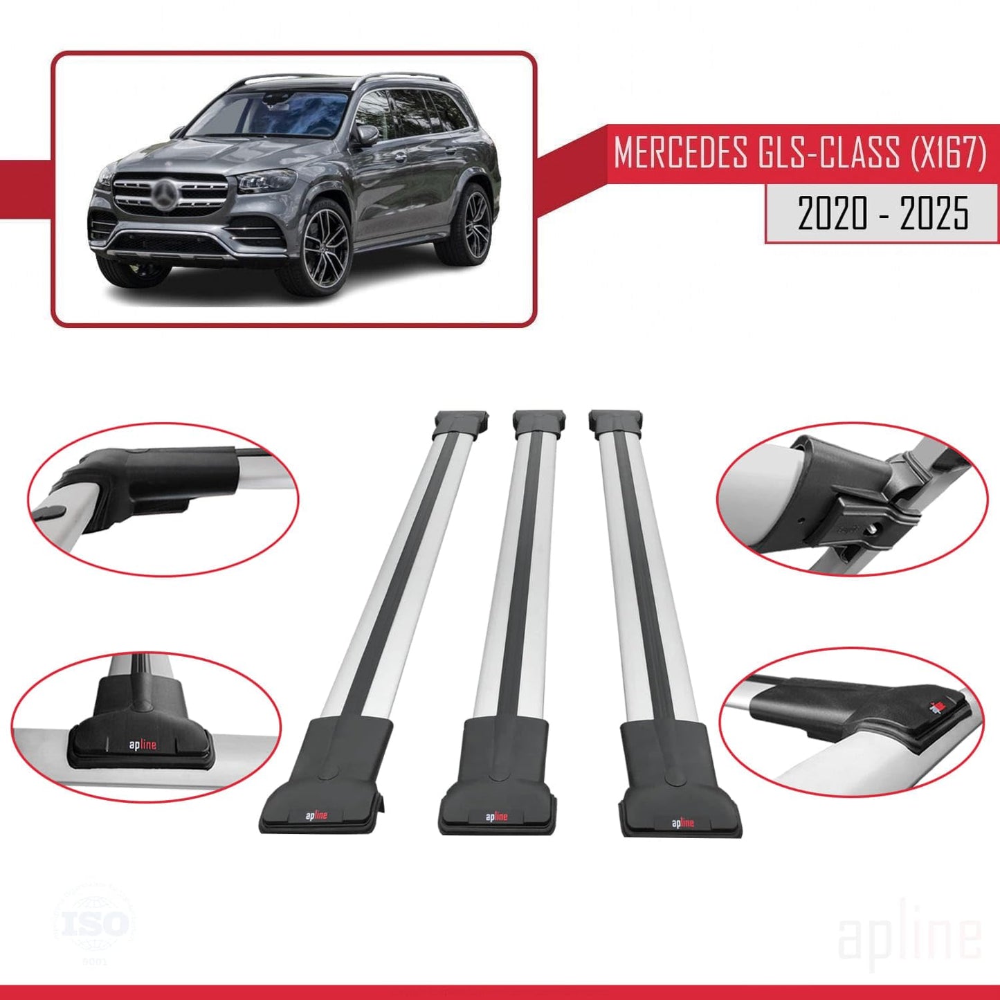 Compatible with Mercedes GLS Class (X167) 2020-2025 Fly Model Car Roof Rack Cross Bar Grey Aluminium 3 Bars