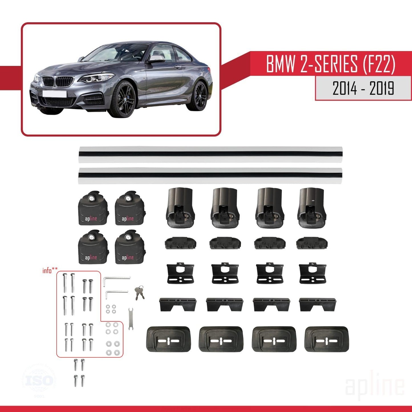 Compatible with BMW 2 Series (F22) 2014-2019 ACE-3 Car Roof Rack Cross Bar Grey Aluminium 2 Bars