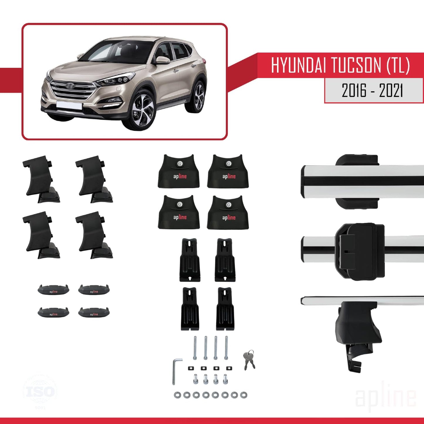 Compatible with Hyundai Tucson 3 (TL) 2016-2021 ACE-4 Car Roof Rack Cross Bar Grey Aluminium 2 Bars