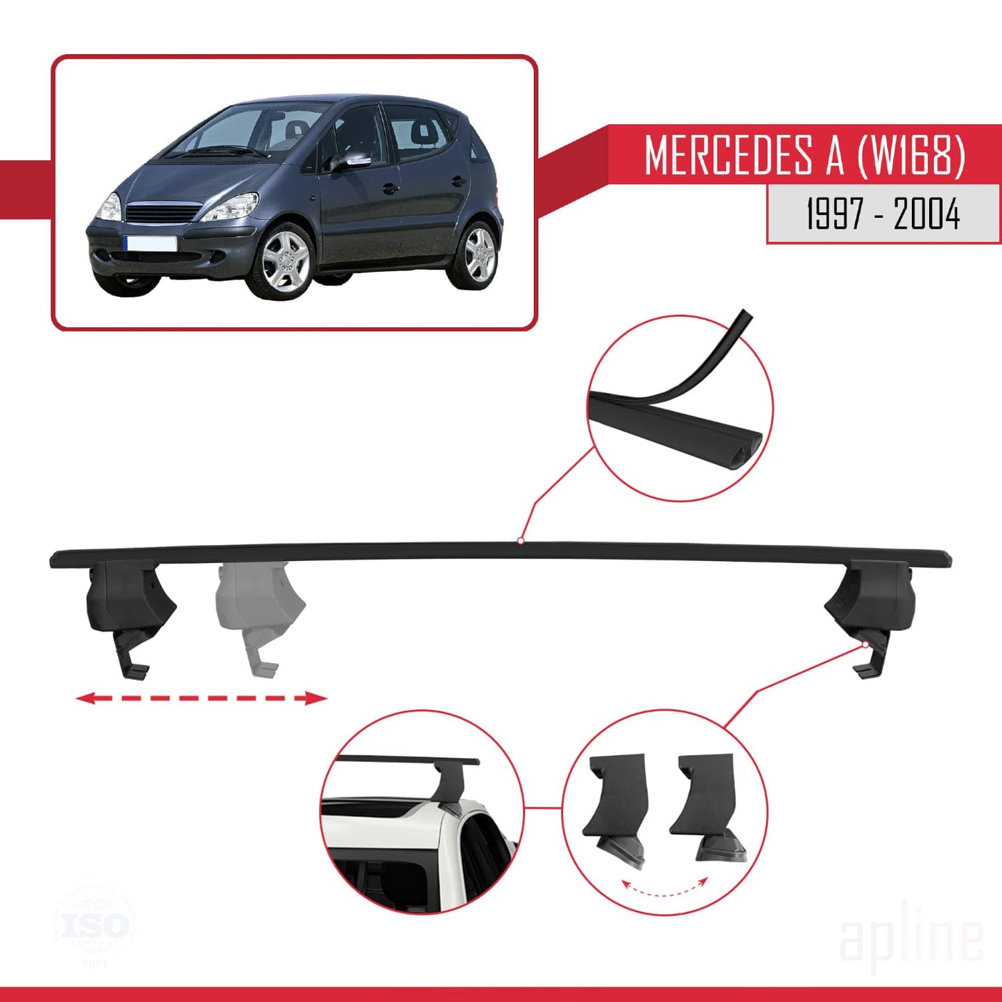 Compatible with Mercedes A Class (W168) 1997-2004 ACE-4 Car Roof Rack Cross Bar Black Aluminium 2 Bars