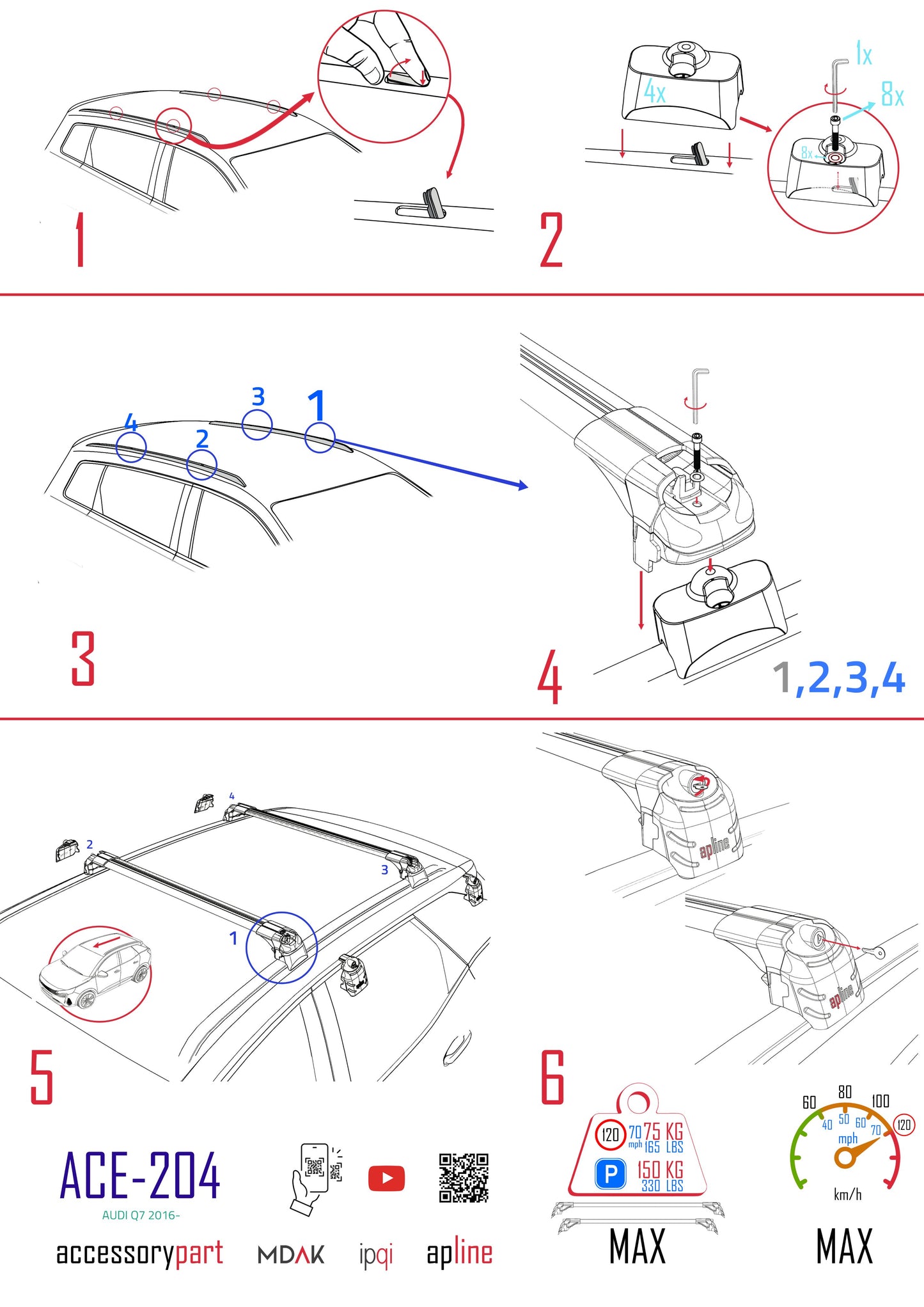 Compatible with Audi Q7 (4M) 2016-2025 ACE-2 Car Roof Rack Cross Bar Grey Aluminium 2 Bars