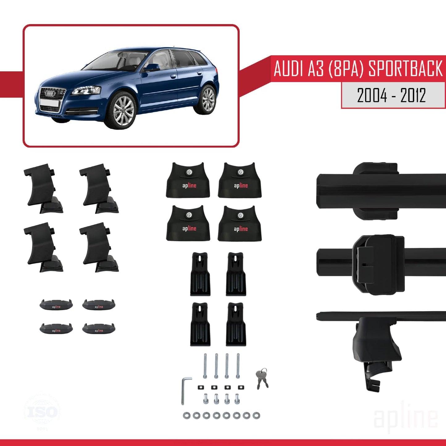 Compatible with Audi A3 (8PA) Sportback 2004-2012 ACE-4 Car Roof Rack Cross Bar Black Aluminium 2 Bars