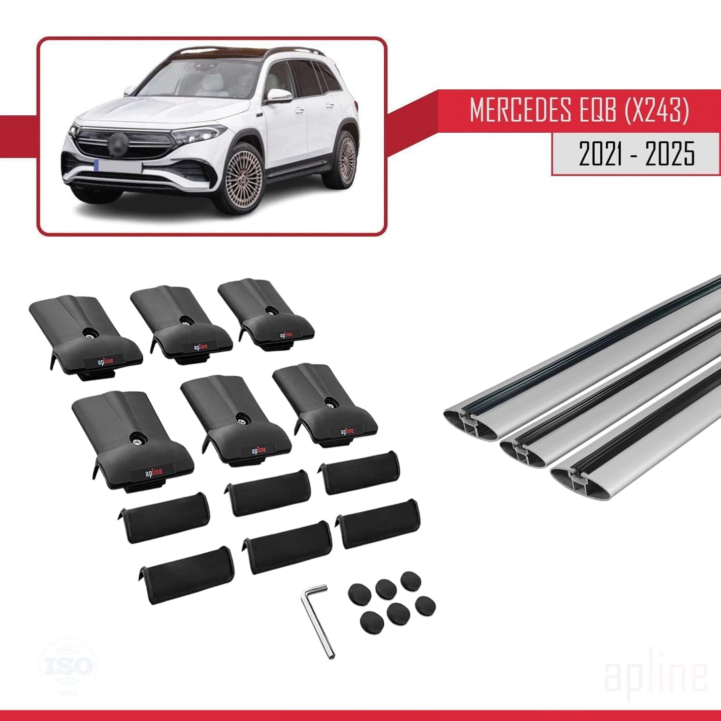 Compatible with Mercedes EQB (X243) 2021-2025 Fly Model Car Roof Rack Cross Bar Grey Aluminium 3 Bars