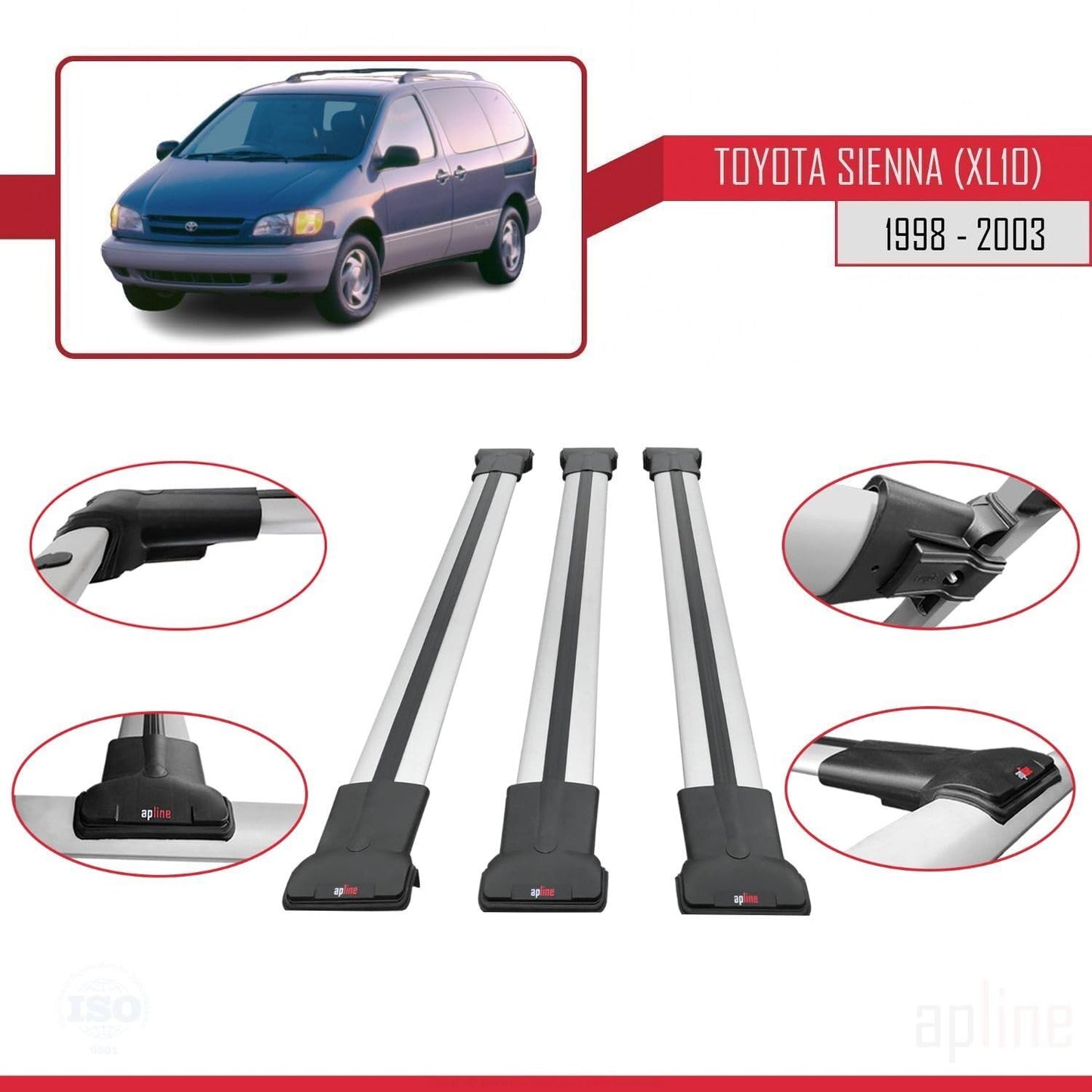 Compatible with Toyota Sienna (XL10) 1998-2003 Fly Model Car Roof Rack Cross Bar Grey Aluminium 3 Bars