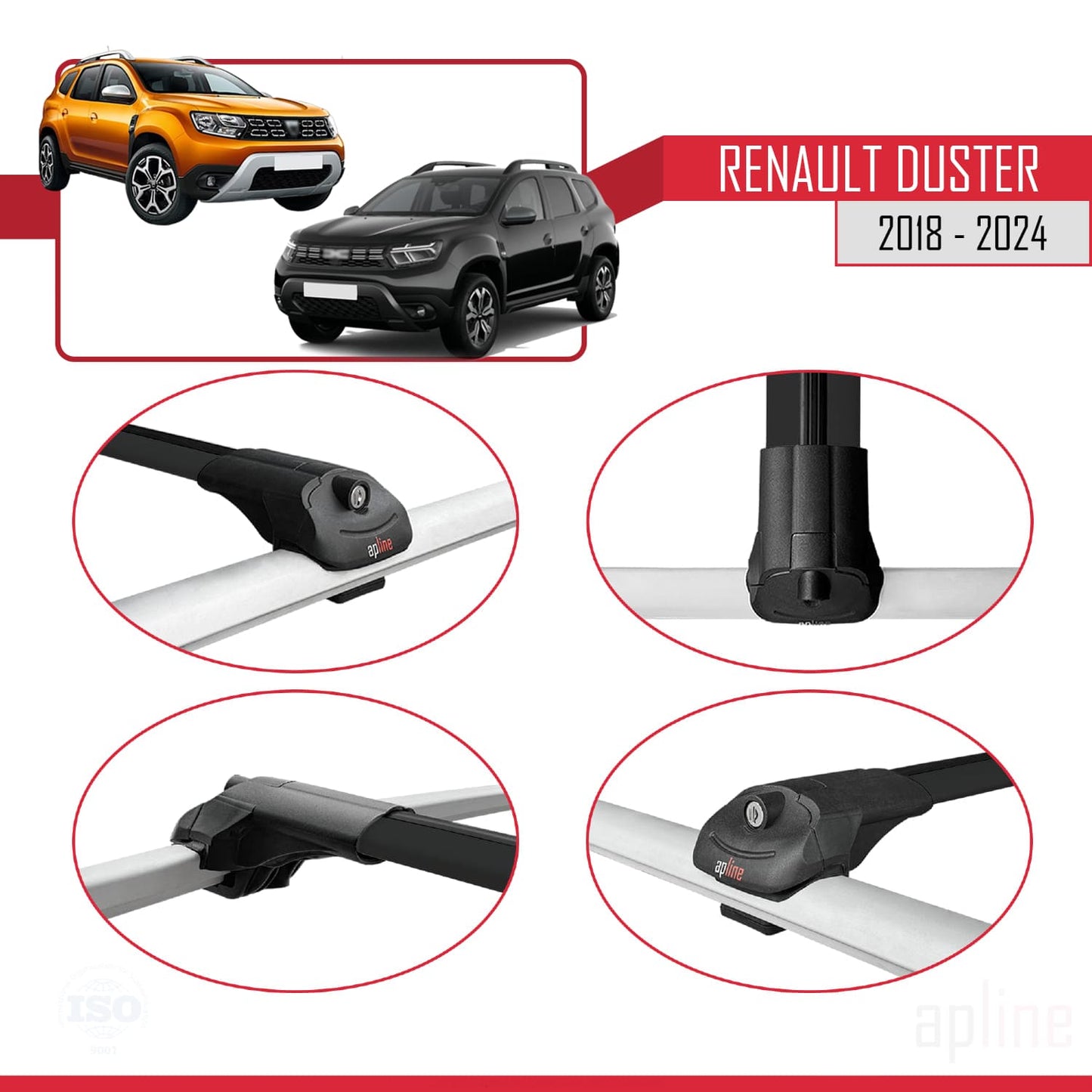 Compatible with Renault Duster 2 (HM) 2018-2024 ACE-1 Car Roof Rack Cross Bar Black Aluminium 2 Bars
