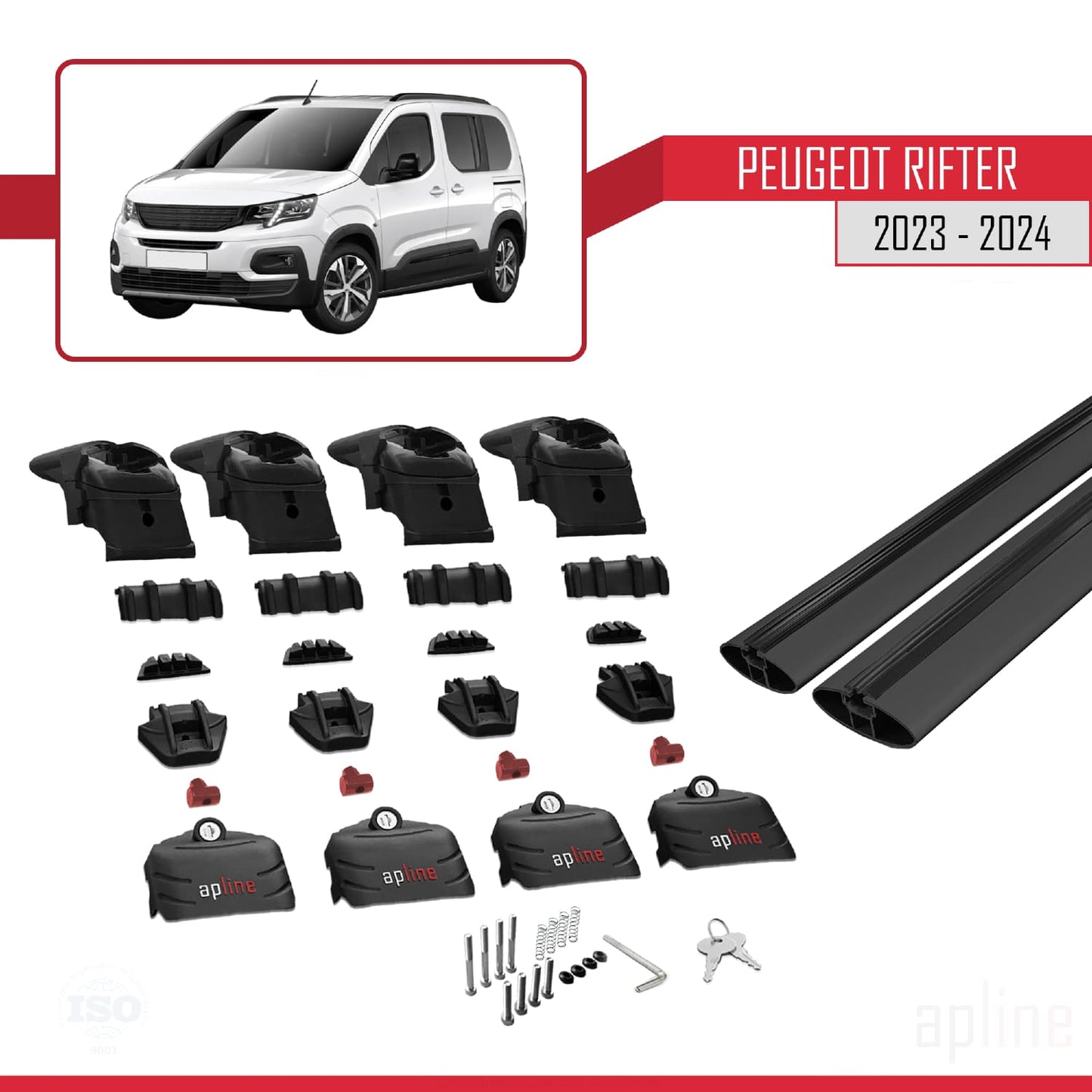 Compatible with Peugeot Rifter 2023-2024 ACE-2 Car Roof Rack Cross Bar Black Aluminium 2 Bars