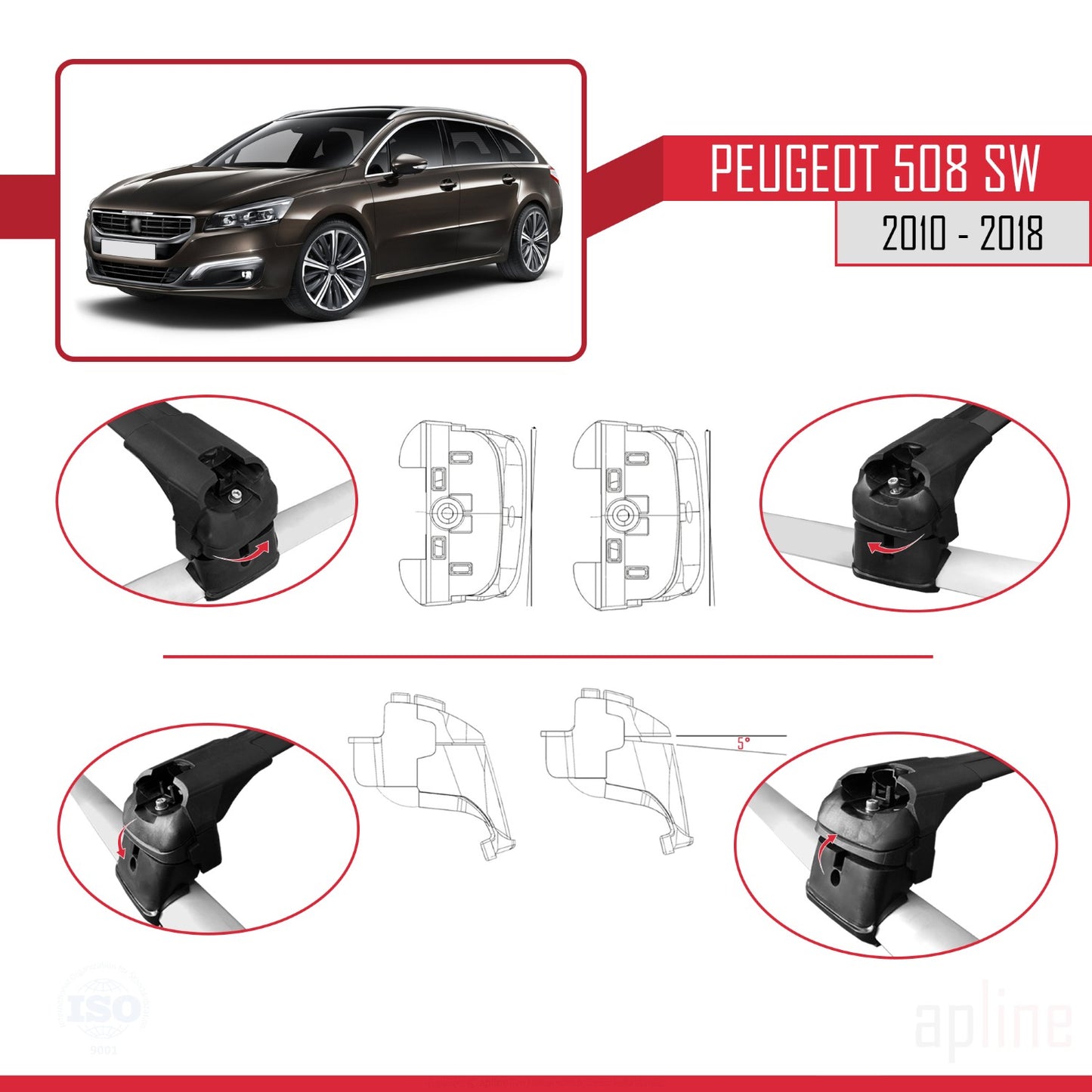 Compatible with Peugeot 508 SW 2010-2018 ACE-2 Car Roof Rack Cross Bar Black Aluminium 2 Bars
