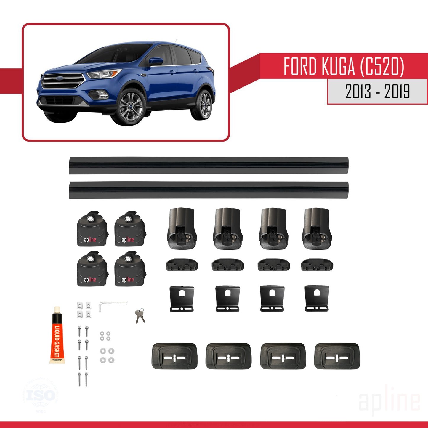 Compatible with Ford Kuga (C520) 2013-2019 ACE-3 Car Roof Rack Cross Bar Black Aluminium 2 Bars