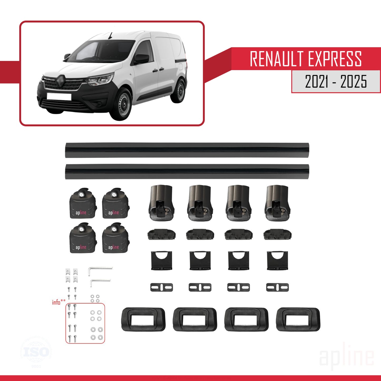 Compatible with Renault Express 2021-2025 ACE-3 Car Roof Rack Cross Bar Black Aluminium 2 Bars