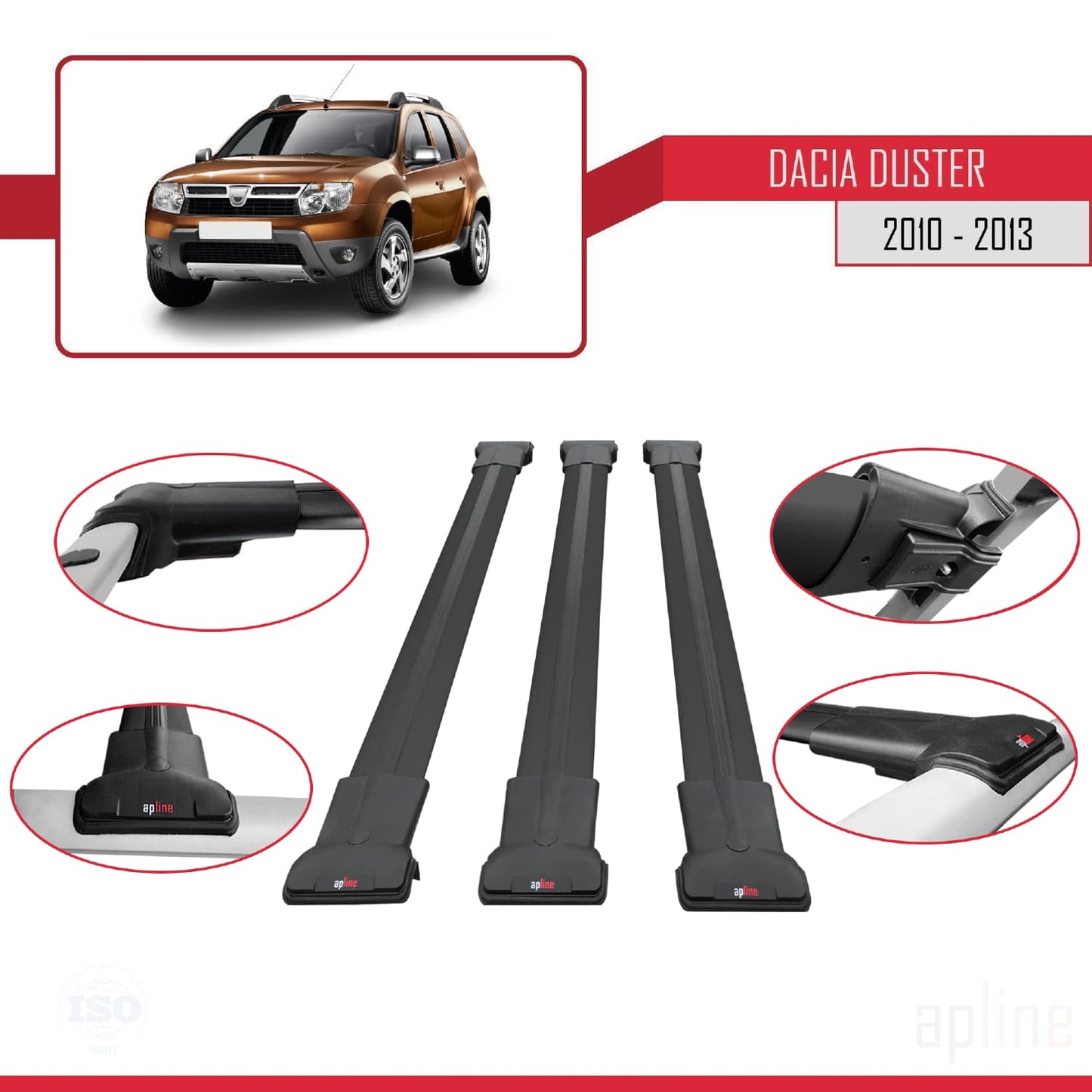 Compatible with Dacia Duster (HS) Pre-Facelift 2010-2013 FLY Model Car Roof Rack Cross Bar Black Aluminium 3 Bars
