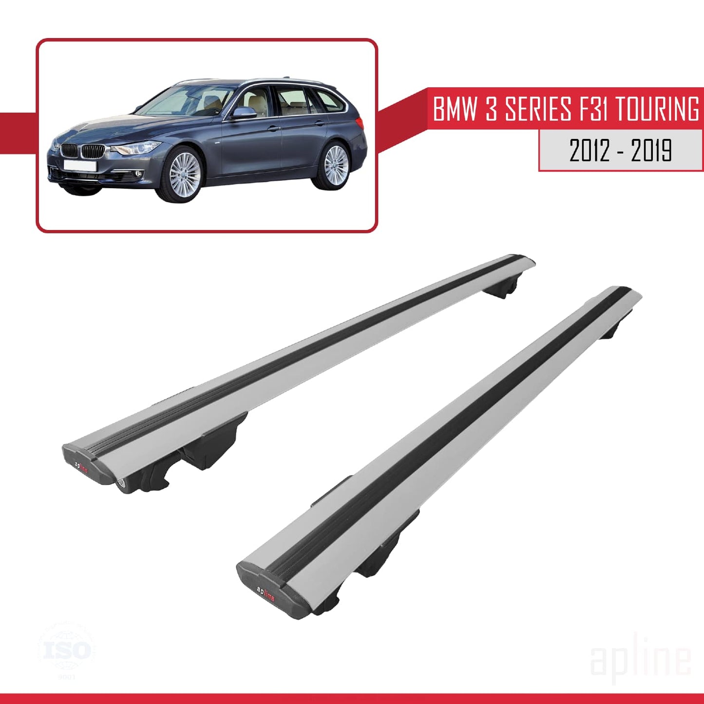 Compatible with BMW 3 Series (F31) Touring 2012-2019 HOOK Model Car Roof Rack Cross Bar Grey Aluminium 2 Bars