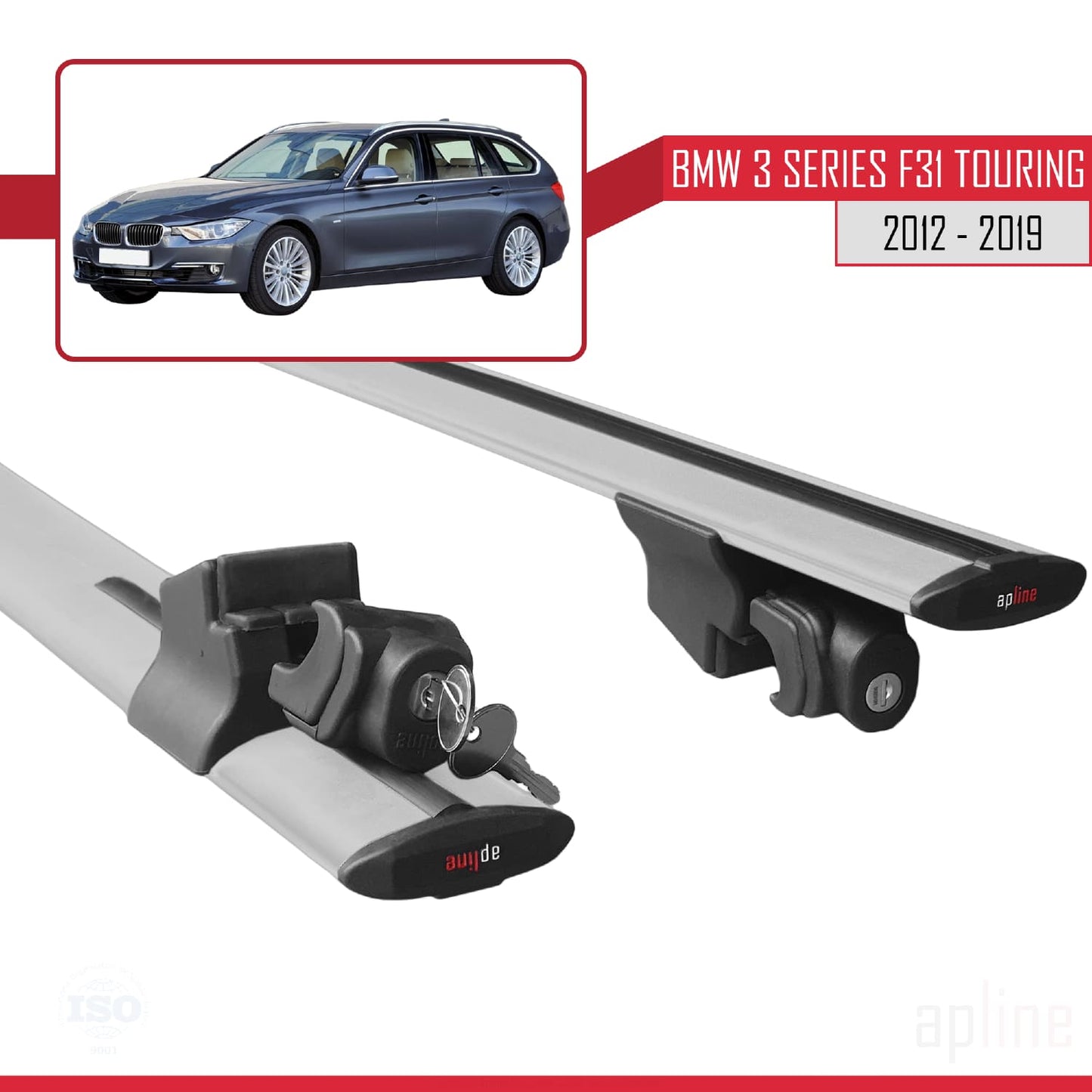 Compatible with BMW 3 Series (F31) Touring 2012-2019 HOOK Model Car Roof Rack Cross Bar Grey Aluminium 2 Bars