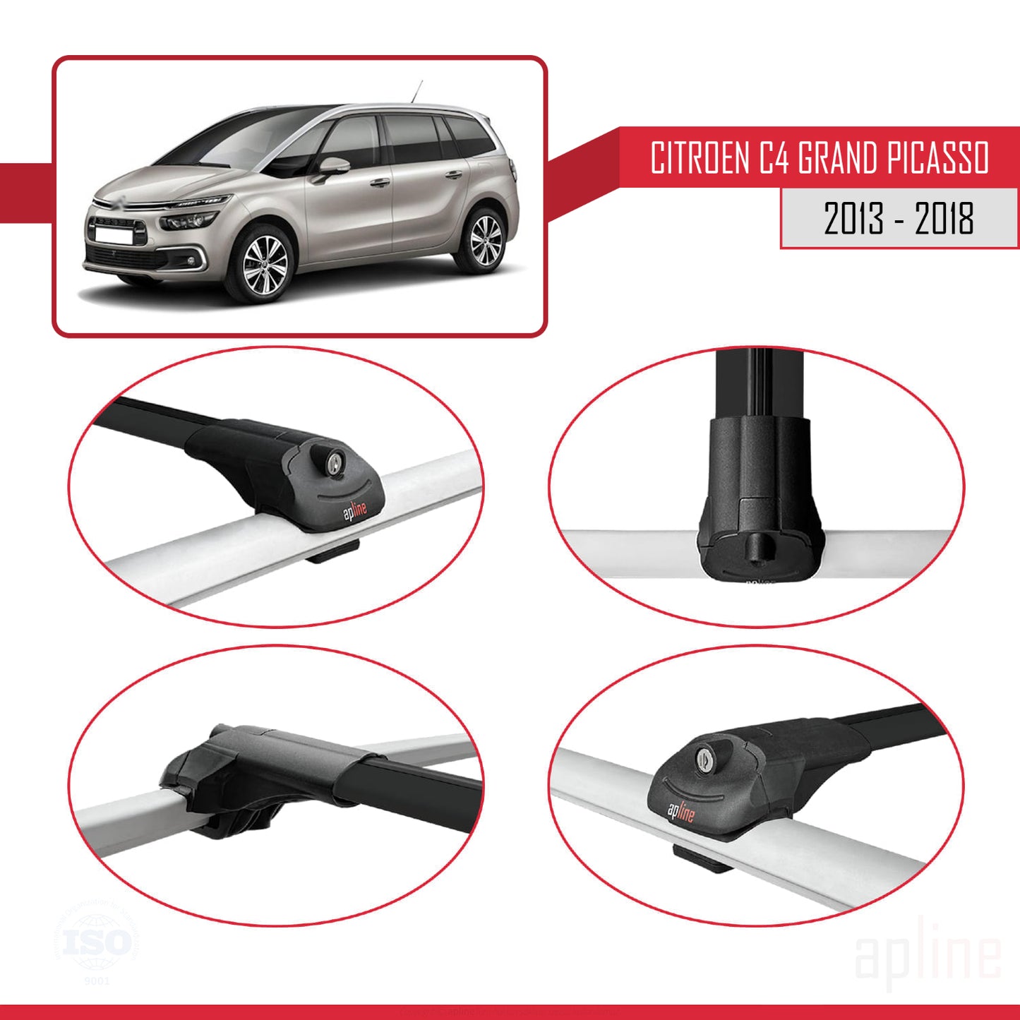 Compatible with Citroen C4 Grand Picasso 2013-2018 ACE-1 Car Roof Rack Cross Bar Black Aluminium 3 Bars