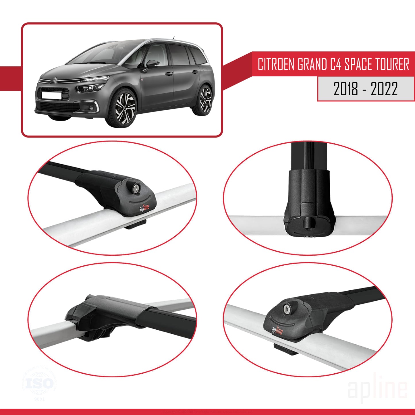 Compatible with Citroen Grand C4 Space Tourer 2018-2022 ACE-1 Car Roof Rack Cross Bar Black Aluminium 2 Bars