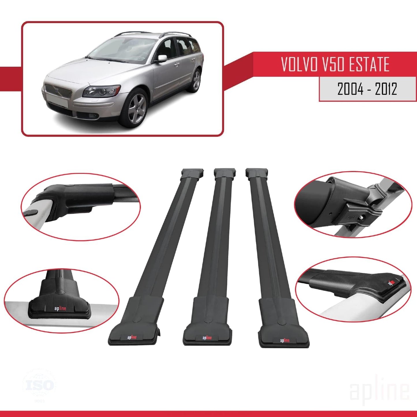 Compatible with Volvo V50 2004-2012 Fly Model Car Roof Rack Cross Bar Black Aluminium 3 Bars