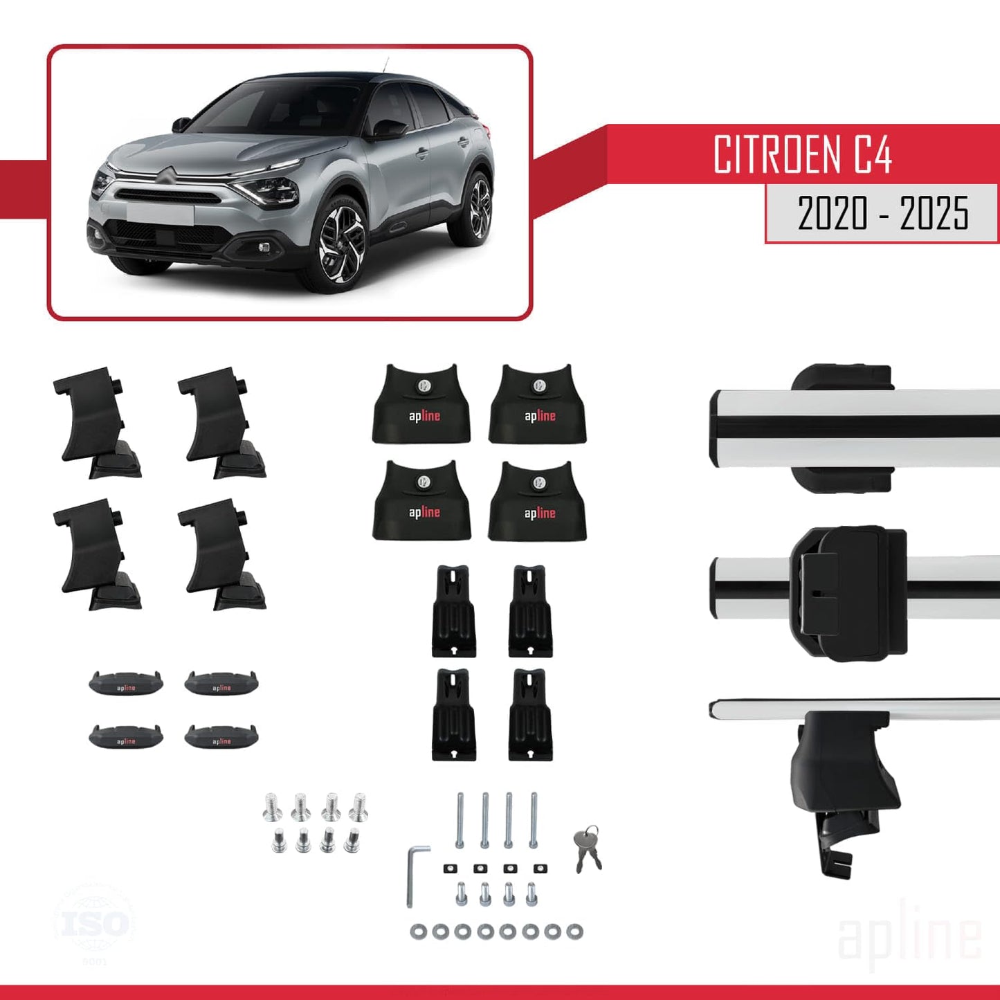 Compatible with Citroen C4 III (C41) 2020-2025 ACE-4 Car Roof Rack Cross Bar Grey Aluminium 2 Bars