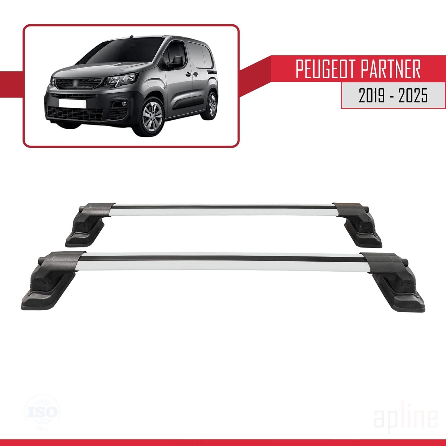Compatible with Peugeot Partner 2019-2025 ACE-3 Car Roof Rack Cross Bar Grey Aluminium 2 Bars