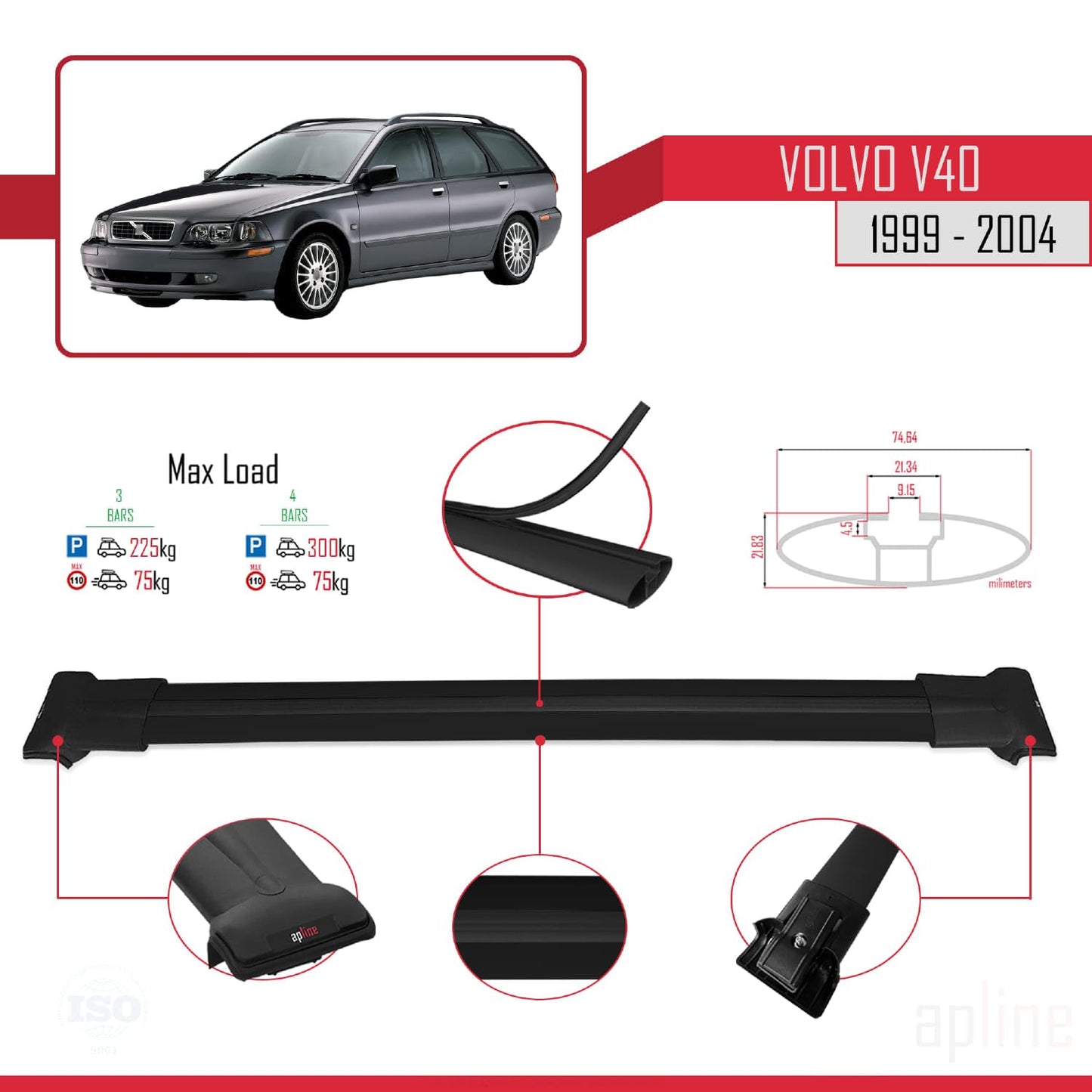 Compatible with Volvo V40 1999-2004 Fly Model Car Roof Rack Cross Bar Black Aluminium 3 Bars