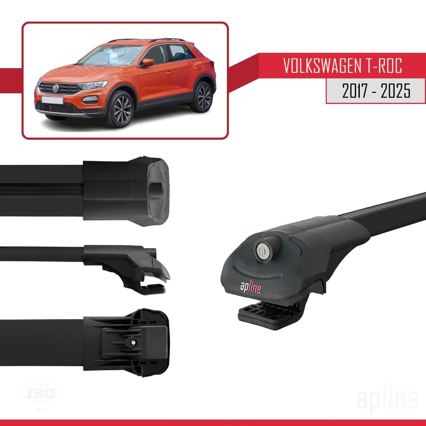 Compatible with Volkswagen T-ROC 2017-2025 ACE-1 Car Roof Rack Cross Bar Black Aluminium 3 Bars