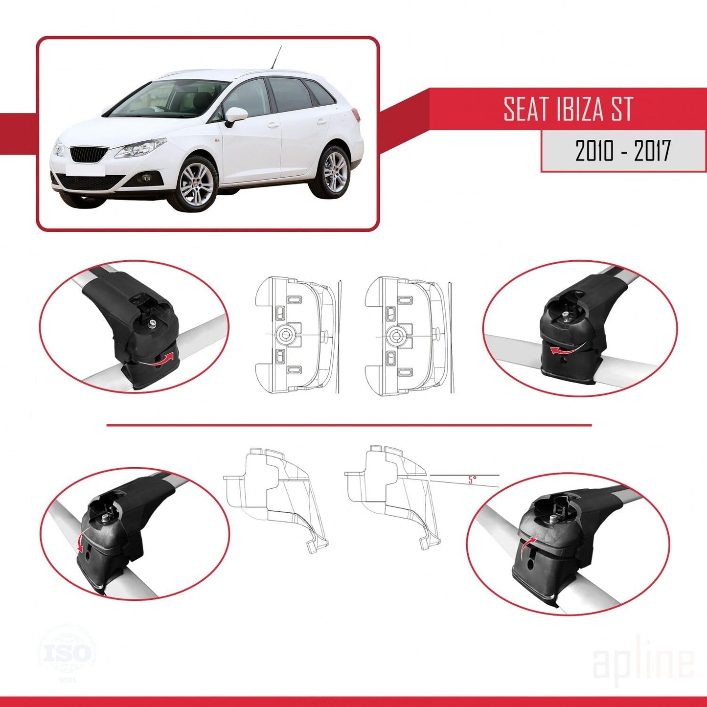 Compatible with Seat Ibiza 4 (6J) ST 2010-2017 ACE-2 Car Roof Rack Cross Bar Grey Aluminium 2 Bars