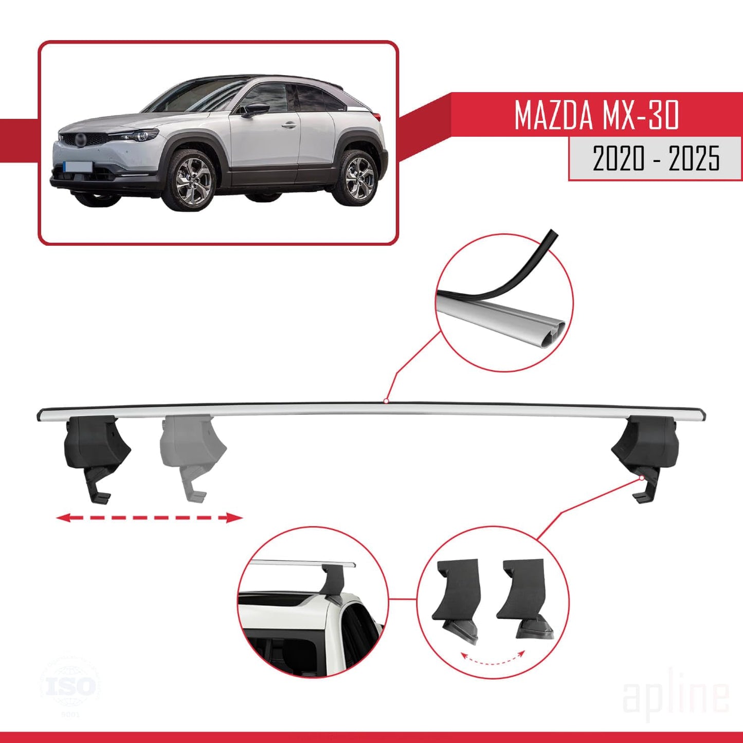 Compatible with Mazda MX-30 (DR) 2020-2025 ACE-4 Car Roof Rack Cross Bar Grey Aluminium 2 Bars