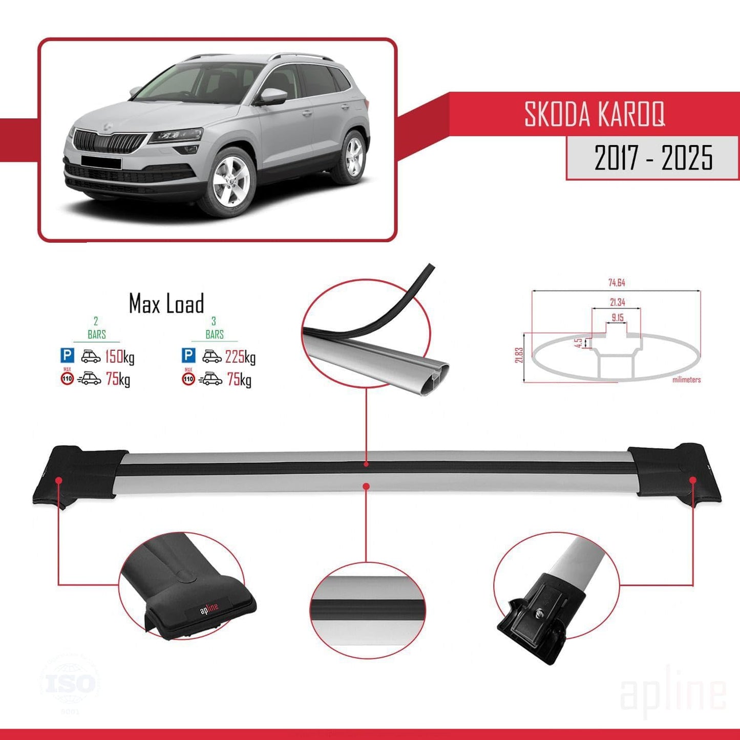 Compatible with Skoda Karoq 2017-2025 Fly Model Car Roof Rack Cross Bar Grey Aluminium 2 Bars