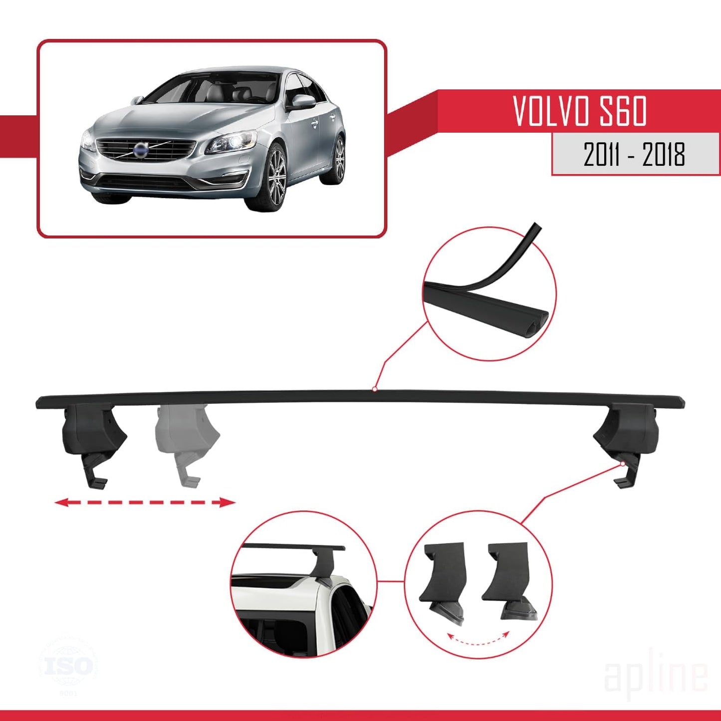 Compatible with Volvo S60 II 2011-2018 ACE-4 Car Roof Rack Cross Bar Black Aluminium 2 Bars