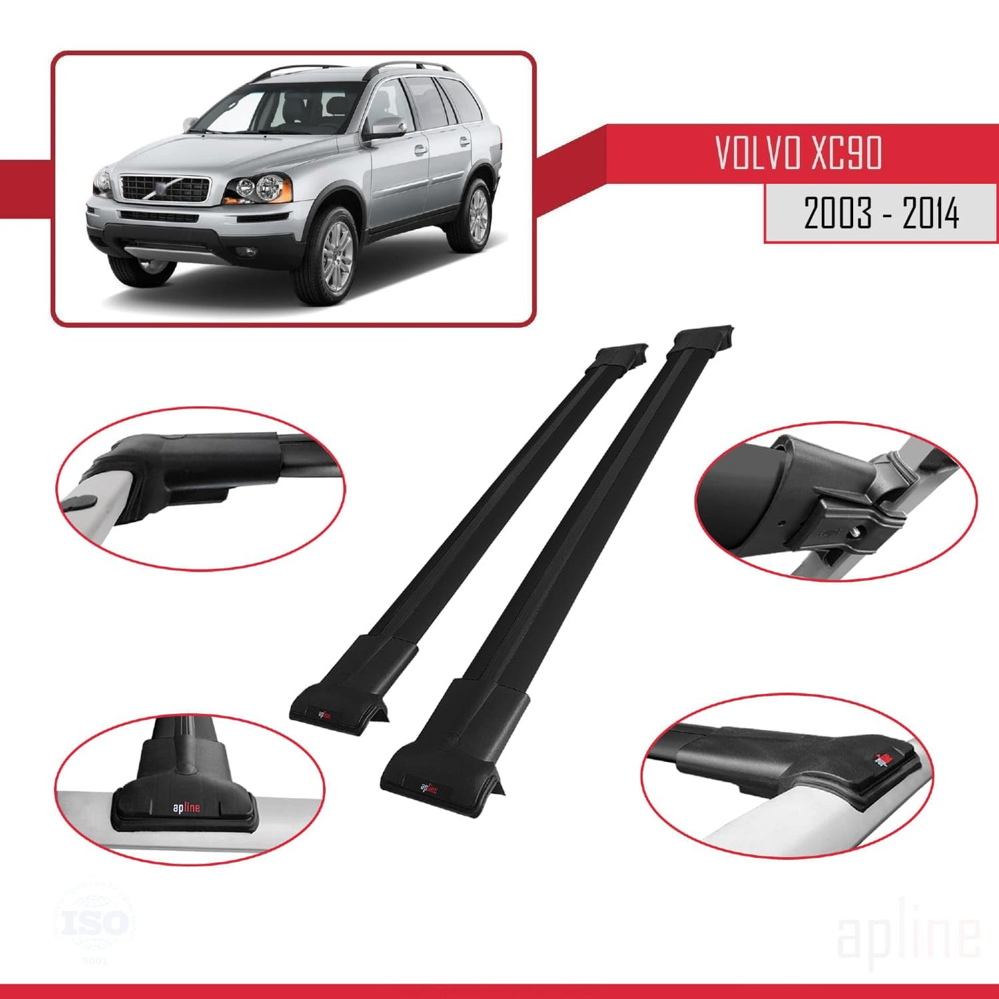 Compatible with Volvo XC90 2003-2014 Fly Model Car Roof Rack Cross Bar Black Aluminium 2 Bars